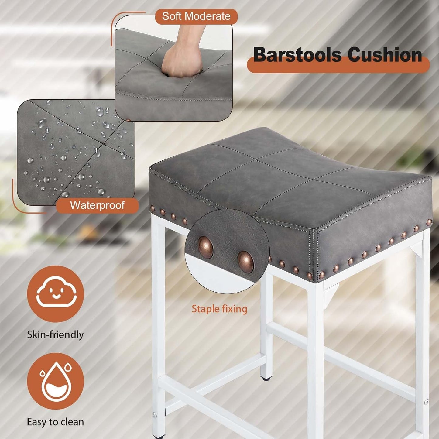 Bar Stools Set of 4, 24" Counter Height Bar Stools Set of 4 with Thick Saddle Cushion and Barstools Metal Frame, Modern Backless Saddle Counter Stools for Kitchen Island Bar Grey+White