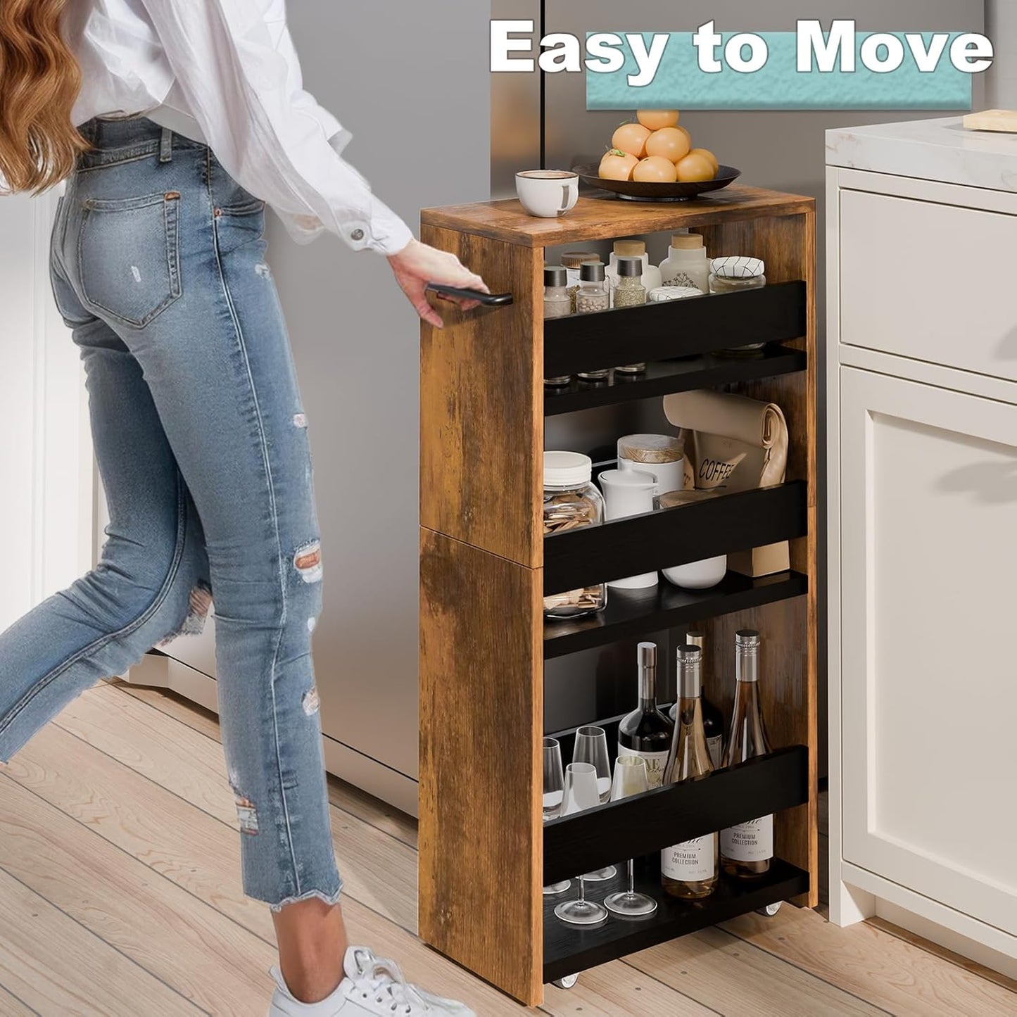 MARTY Rolling Storage Cart 7.9" W, 4-Tier Narrow Kitchen Cart with Wheels Handle, Slim Storage Mobile Shelving Utility Carts for Bathroom Laundry Room Organization Small Spaces(Rustic Brown)