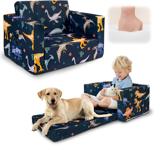 Kids Couch, 2-in-1 Kids Fold Out Couch, Convertible Kid Sofa to Lounger for Girls and Boys, Soft Toddler Chairs Comfy 1-3 Years Old (Dinosaur)
