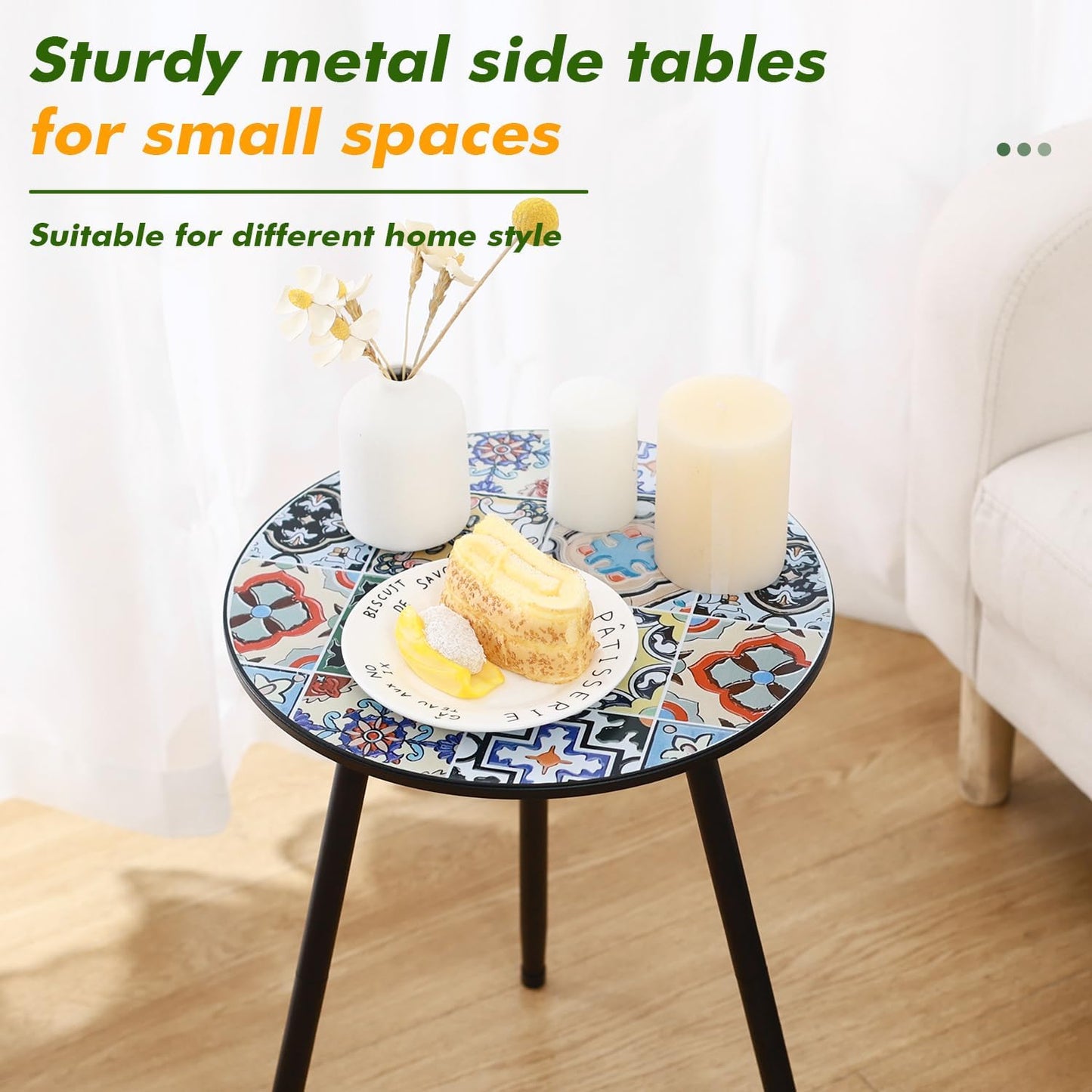 2 Packs Metal Mosaic Round Side Tables 13.4" Small Outdoor Patio Round Accent Coffee Tables Indoor Corner Stand for Small Spaces Weather-Resistant for Balcony, Porch Plant Stands Indoor, Mixed Mosaic