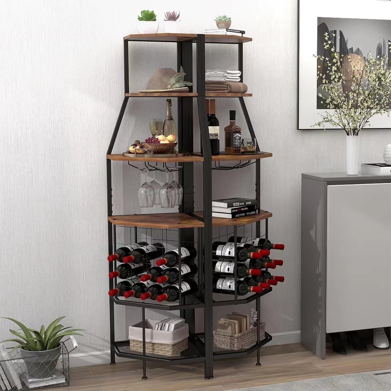 5-Tier Corner Wine Rack Floorstanding with Glass Holder and Bottles Wine Storage Home Bar Furniture for Home Kitchen Dining Room Industrial Metal and Wooden Corner Shelf