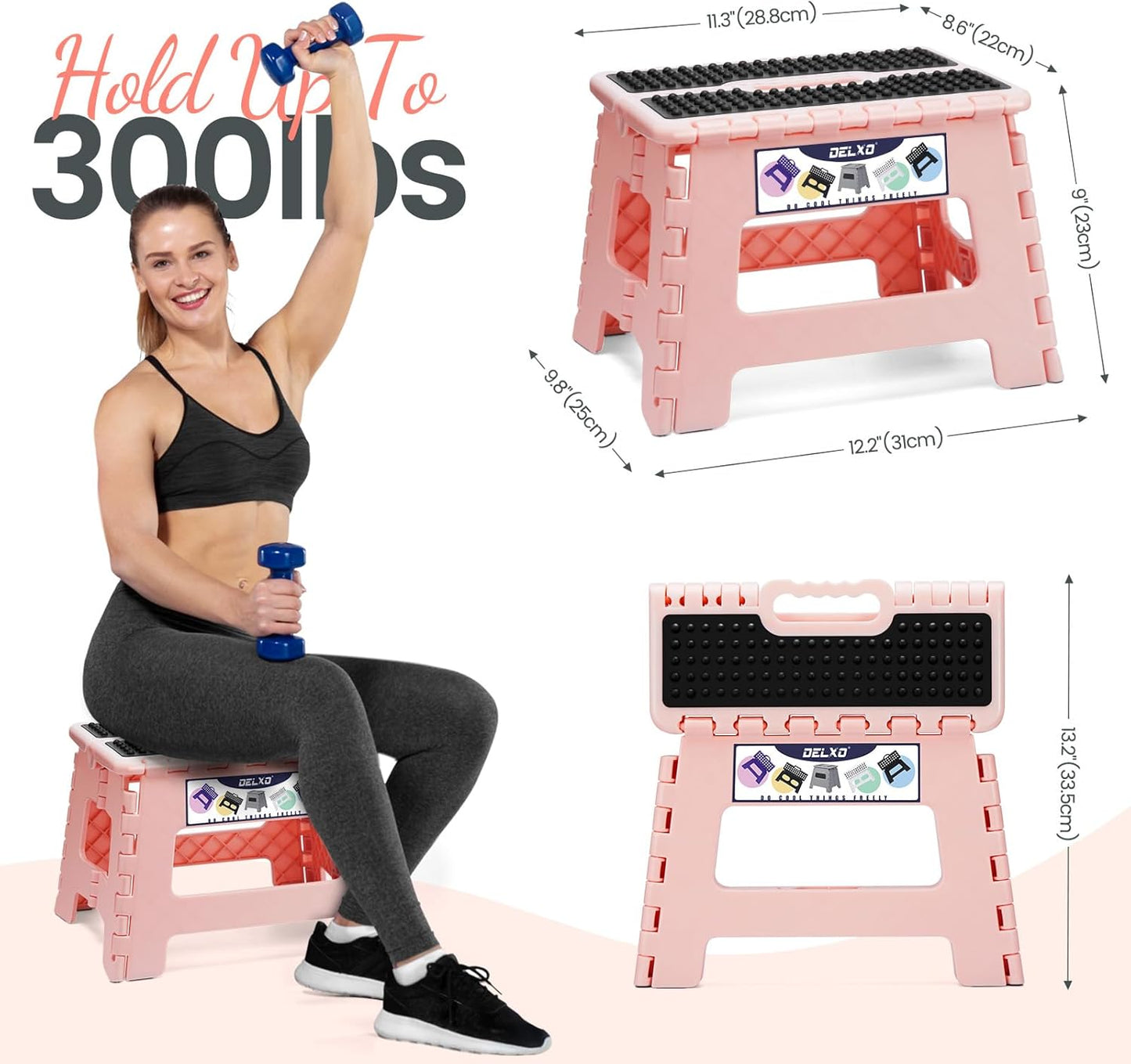 Delxo Folding Step Stool 9 Inch,Non-Slip Foldable Stools Up to 300 LBS,Kitchen Collapsible Fold Up Stepping Stool with Dotted 1 Pack,Pink