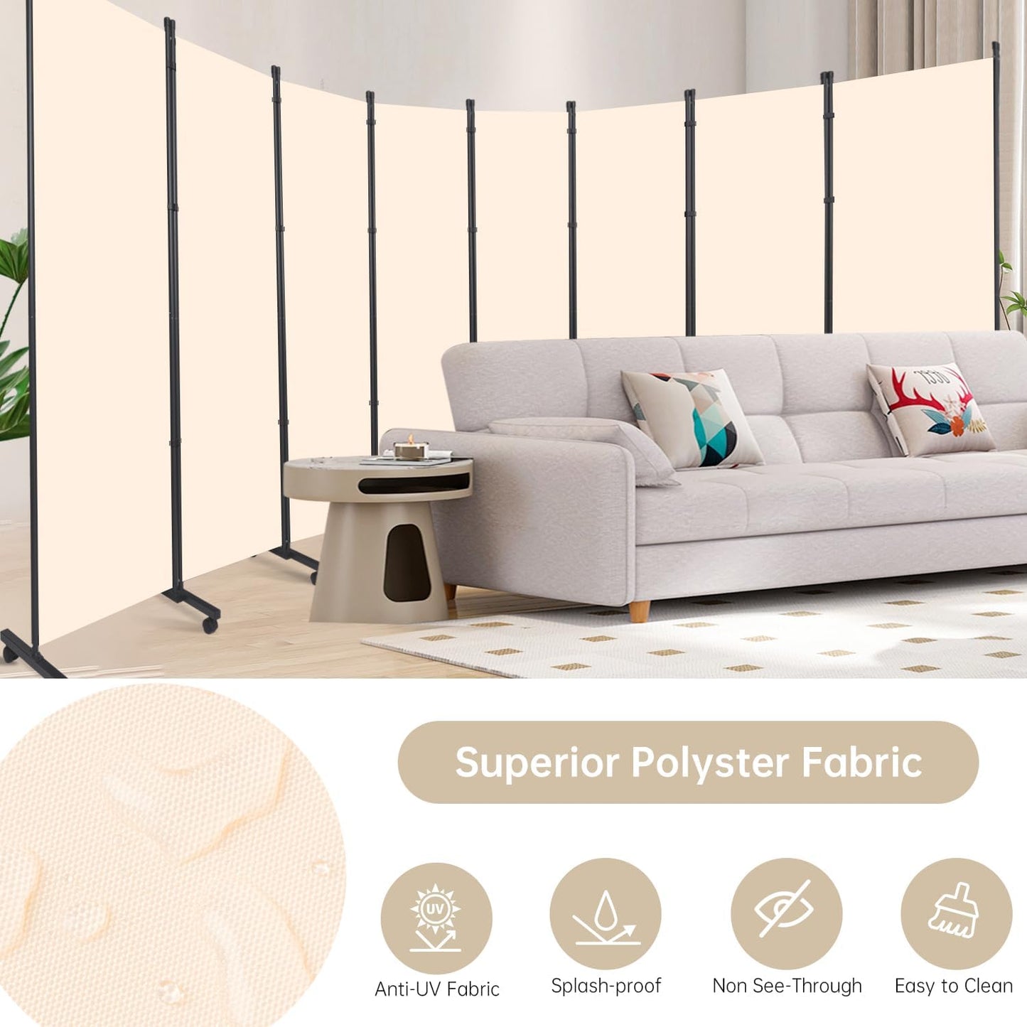 Room Divider 8 Panel Room Dividers/Wheels, Fabric Room Divider Panel for Office Room Partitions and Dividers, Portable Partition Wall Divider for Room Separation, Flexible Privacy Screen Indoor