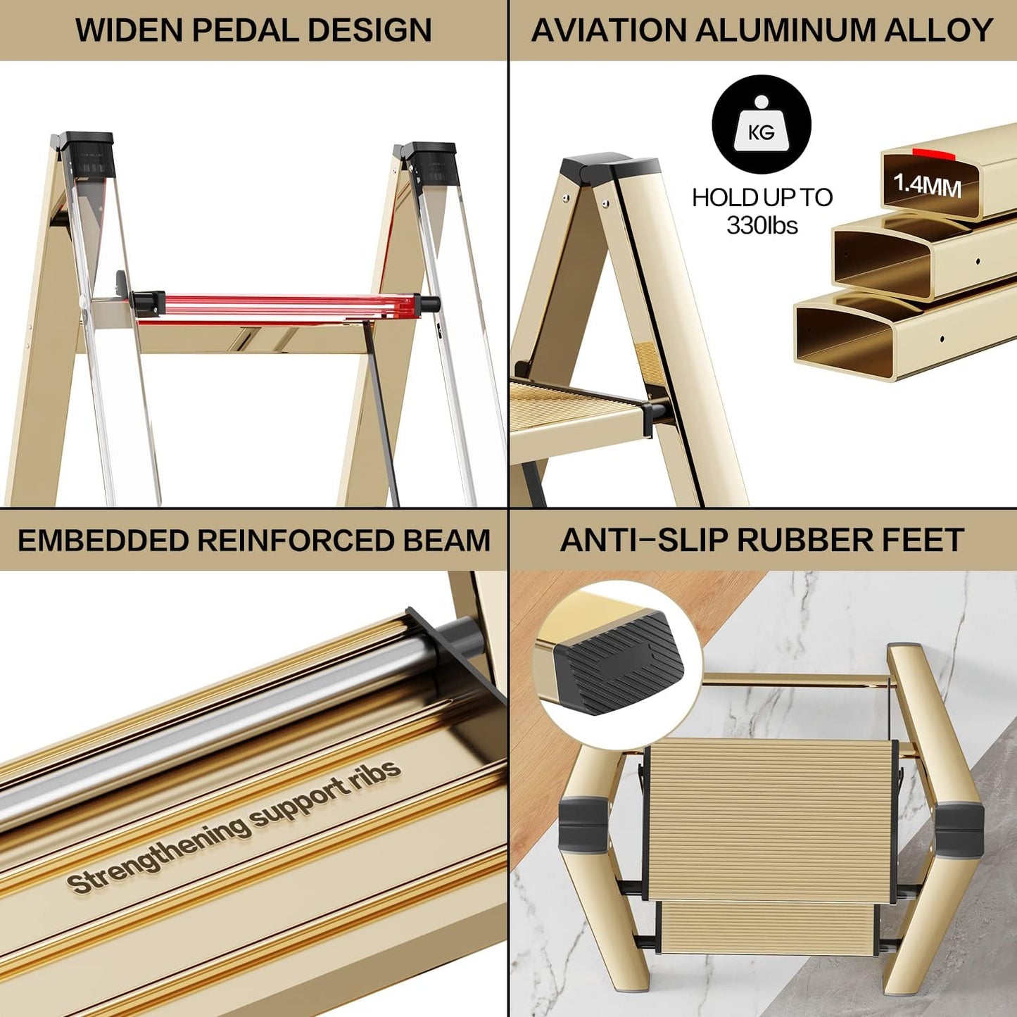 2 Step Ladder, Aluminum Lightweight Folding 2 Step Stool with Anti-Slip Wide Pedal,330lbs Capacity Steel Ladder for Household and Office(Gold)
