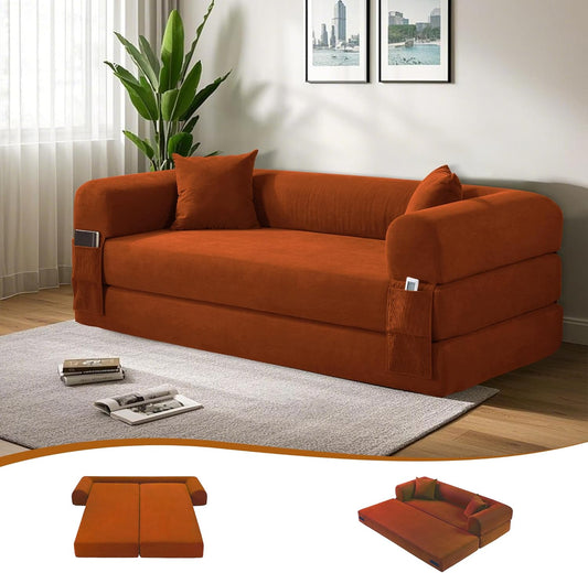 80" Convertible Sofa Bed, 3-in-1 Corduroy Folding Pull Out Couch with Pillows, No Assembly Modern Boneless Couch Compression Sofa in Box, Floor Sofa with Side Storage Pocket for Living Room, Orange