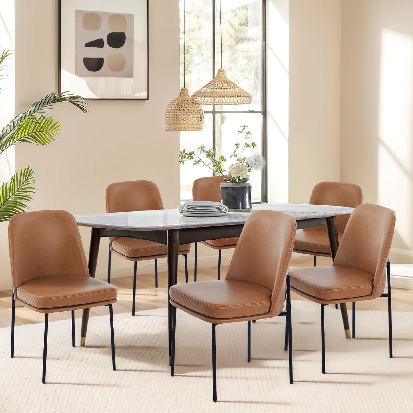 COLAMY Modern Dining Chairs Set of 6, Faux Leather Upholstered Kitchen Chairs with Curved Back & Metal Legs, Mid-Century Dining Room Chair (Brown)