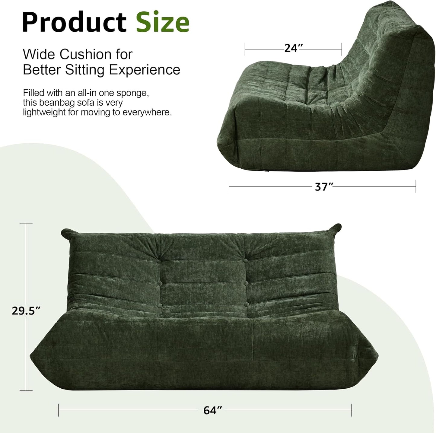 Hobestluk Bean Bag Chair Giant Bean Bag Sofa 2 Seater Bean Bag Chairs for Adults, Loveseat Floor Chair, Bean Bag Chairs for Living Room Bedroom Dorm Office (Green Chenille, Loveseat)