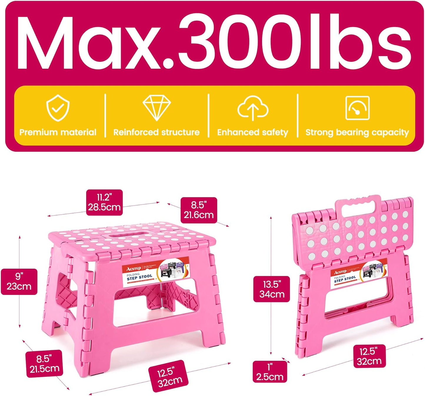 ACSTEP 9 Inch Folding Step Stool - The Lightweight Step Stool is Sturdy and Safe Enough. Opens Easy with One Flip. Great for Kitchen, Bathroom, Bedroom Pink