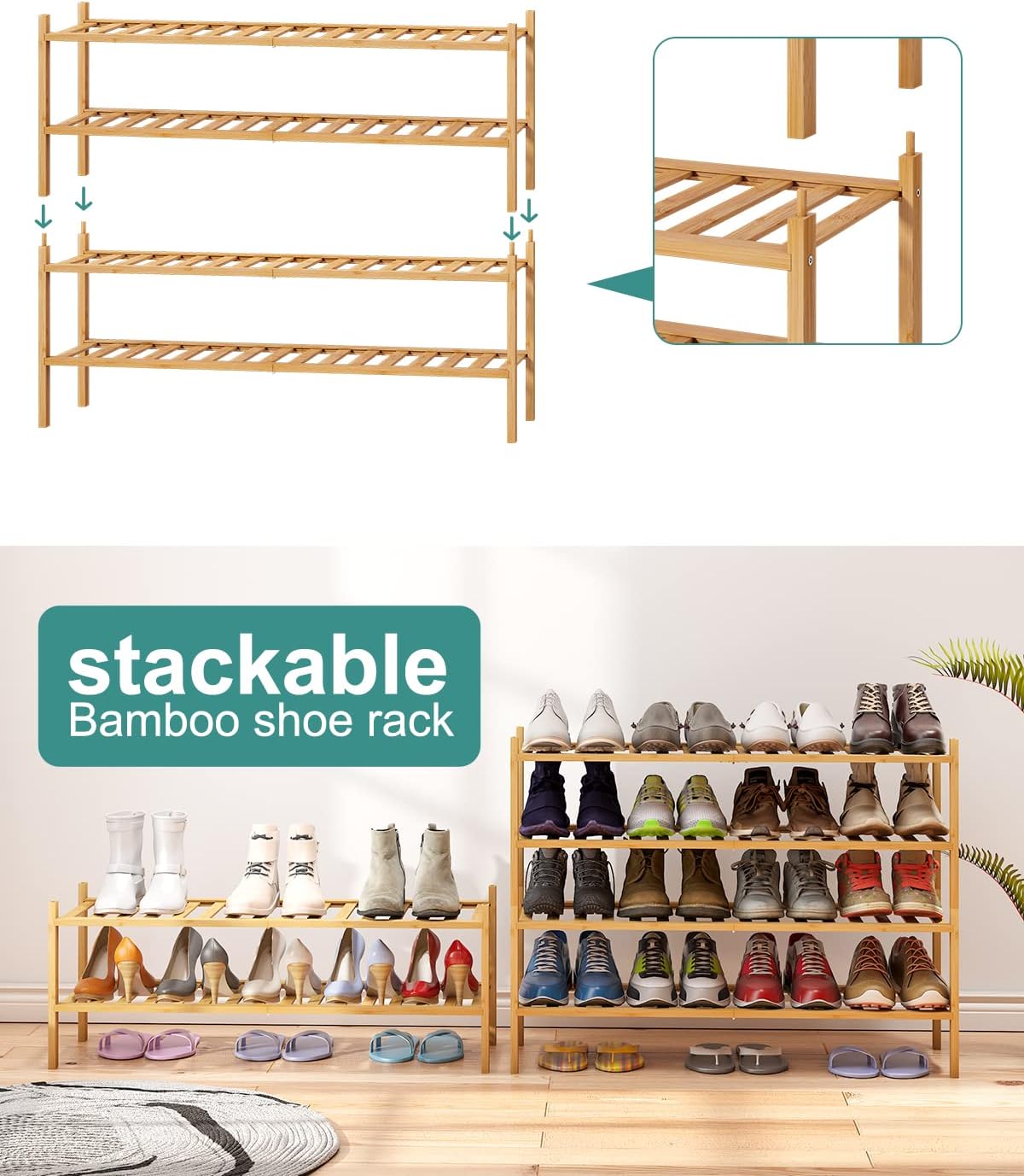 2-Tier Long Shoe Rack for Entryway, Black Bamboo Wood Shoe Rack for Closet & Hallway, Long 33IN | Beautiful | Functional | Sturdy | Durable