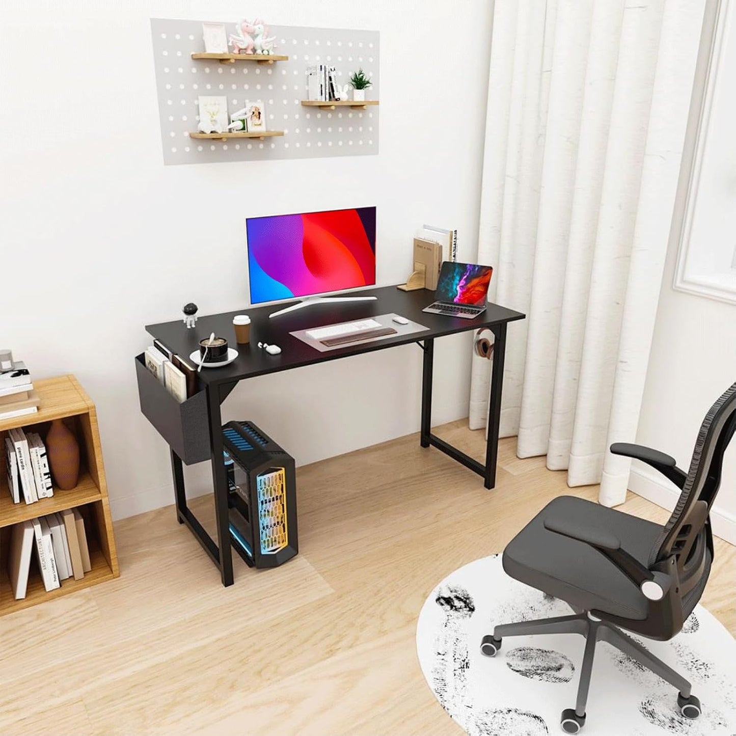 47 Inch Desk Office with Storage, Modern Simple Style Gaming Computer Table for Youth Student Adult, Metal and Wood Home Office Furniture, Black