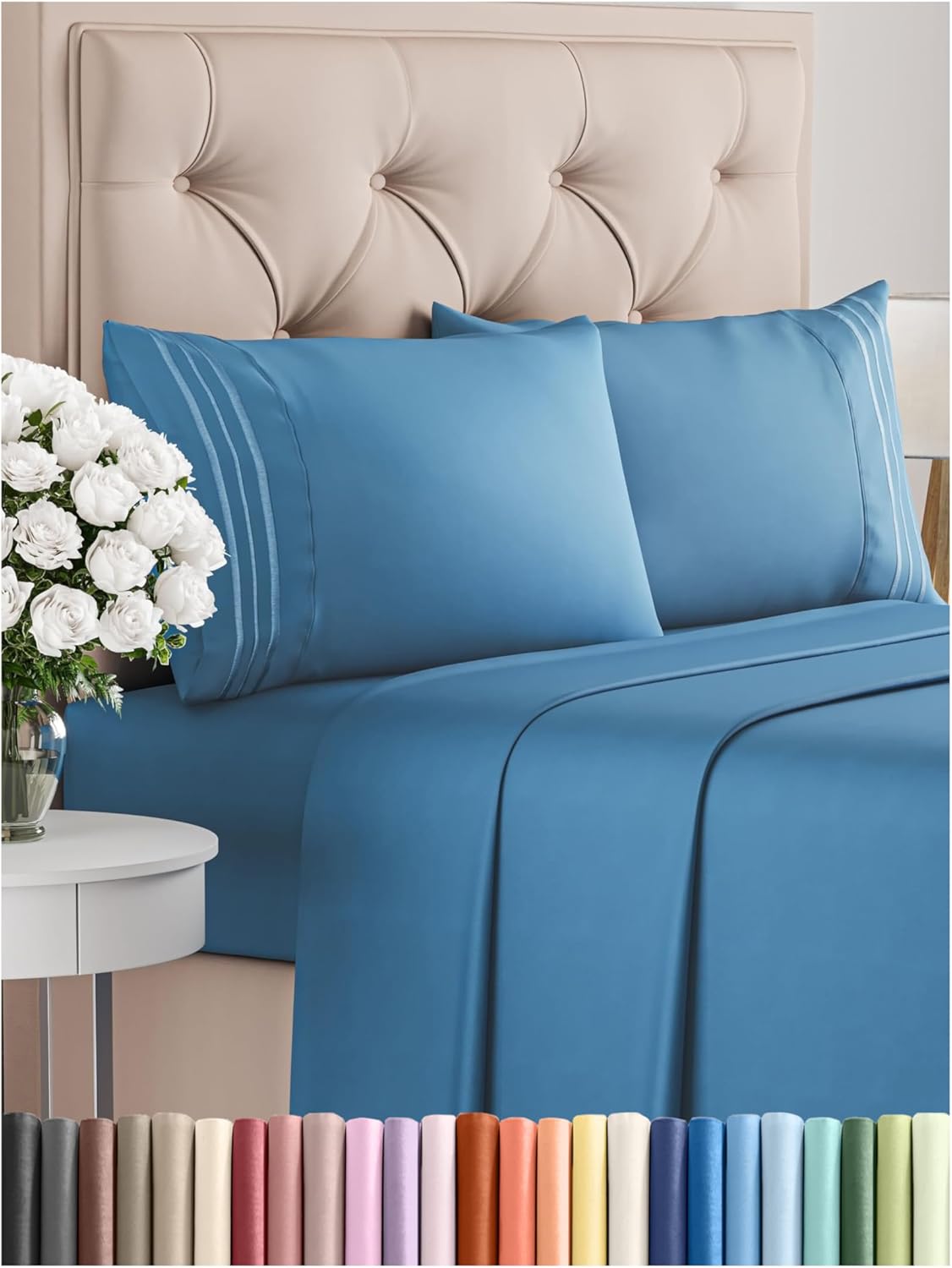 Queen Size 4 Piece Sheet Set - Comfy Breathable & Cooling Bed Sheets Set - Hotel Luxury Bedding for Women, Men, Kids, Teens, Boys & Girls - Deep Pockets, Soft and Wrinkle Free - Oeko-Tex - Denim Blue