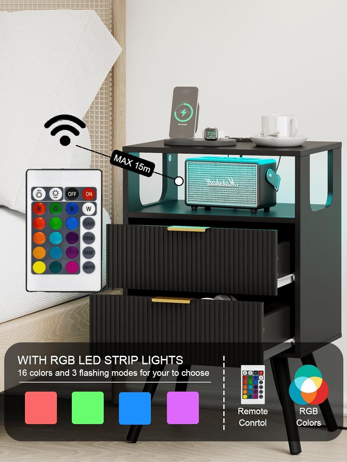 Nightstand, Modern Bedside Table with 2 Storage Drawer and Open Wood Shelf for Bedroom and Small Spaces, Night Stand with Solid Wood Legs (Black-Outlet)