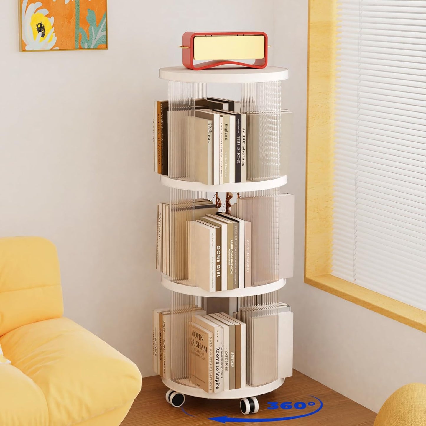 Rotating Bookshelf, 360°Display Spinning Rolling Bookshelf Tower, 3 Tiers Moveable White Small Mobile Corner Bookcase Suitable for Bedrooms, Living Looms, Offices, and Study Rooms