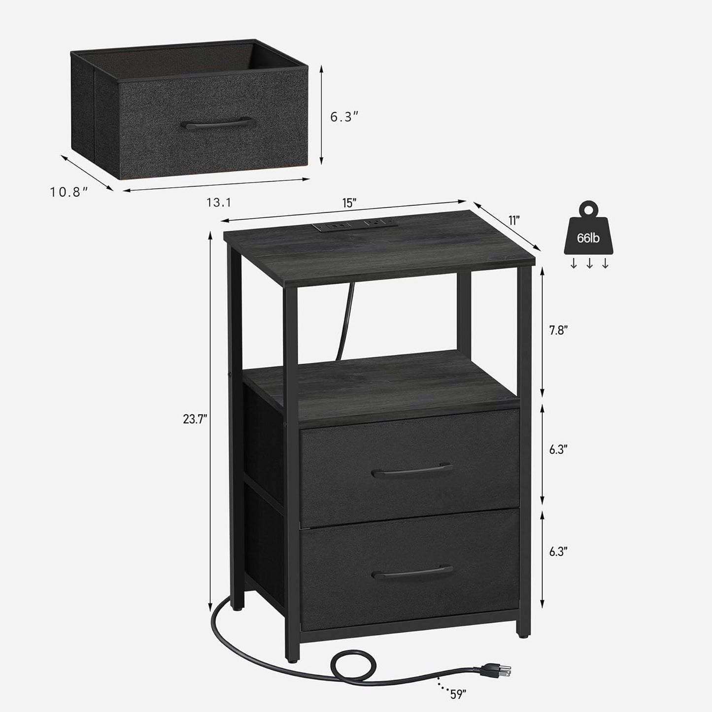 TUTOTAK LED End Table with Charging Station, Night Stand, Side Table with 2 USB Ports and Outlets, Nightstand with Cloth Drawer, Bedside Table for Livingroom, Bedroom Charcoal Grey TB01BY088L