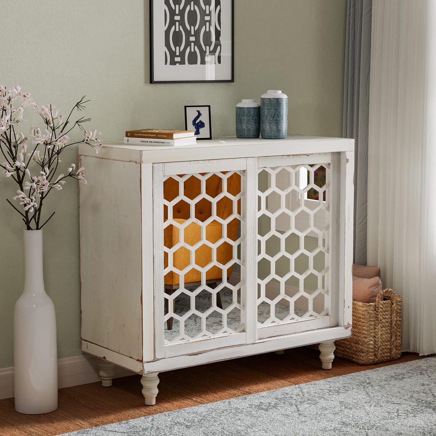 COSIEST 31.5" W Sideboard Buffet Cabinet with Mirrored Doors and Adjustable Shelf, Kitchen Storage Cabinet with Sliding Doors for Dining Room, Hallway, Living Room (White, Honeycomb Pattern)