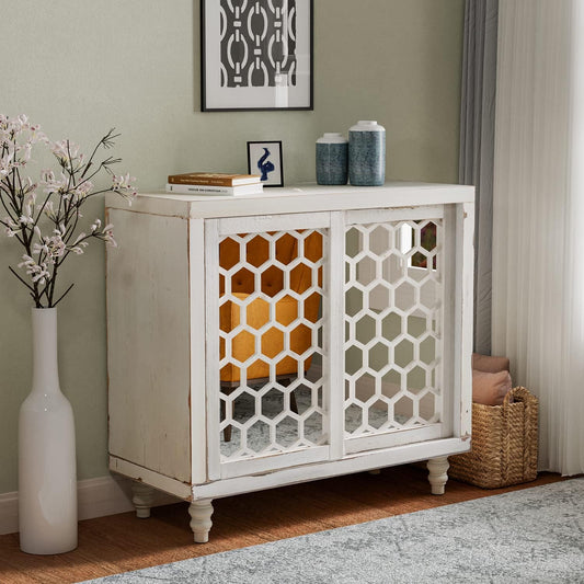 COSIEST 31.5" W Sideboard Buffet Cabinet with Mirrored Doors and Adjustable Shelf, Kitchen Storage Cabinet with Sliding Doors for Dining Room, Hallway, Living Room (White, Honeycomb Pattern)