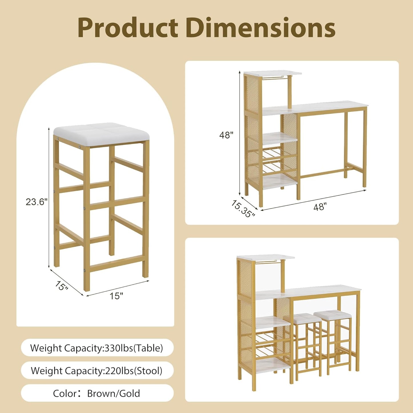 VECELO Bar Table and Chairs Set for 2, 3-Piece Dining Set with Storage Shelves, Cup Holder & Wine Rack, PU Leather Cushion Stools, for Kitchen Small Space, Gold