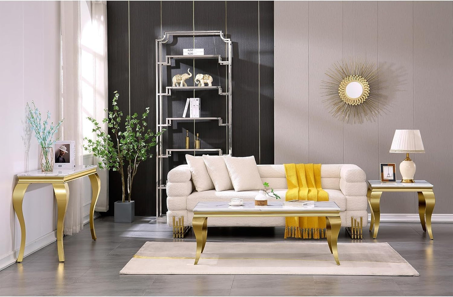 End Table, White and Gold Side Table for Living Room, Bedroom, Glam Stable End Table with Square White Top and Polished Gold Cabriole Legs, Set of 4