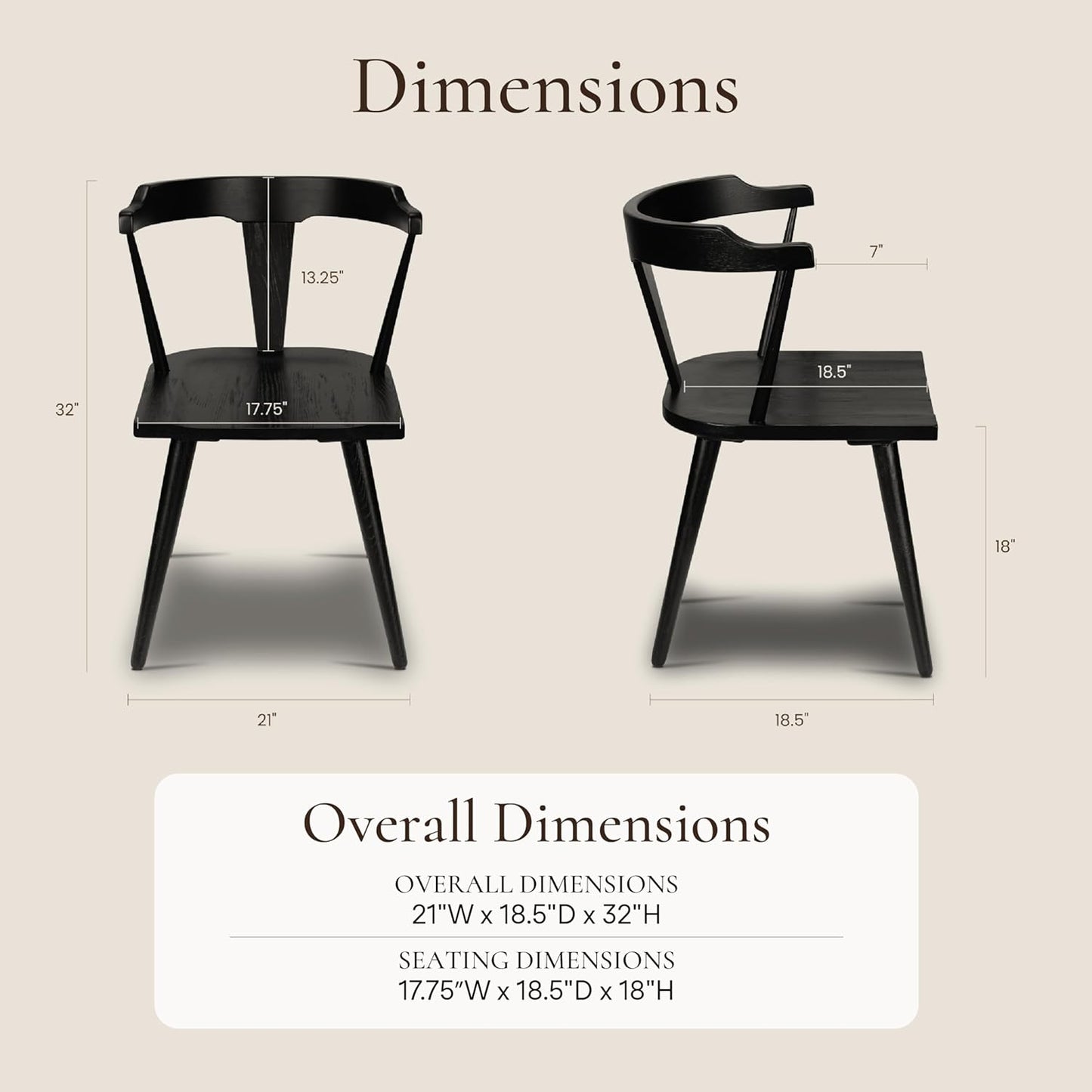 POLY & BARK Mid Century Modern Enzo Black Dining Chair – Solid Oak Wood Splat Back Chair, 18" Seat Height, 32" Tall – Stylish MCM Kitchen & Dining Room Chair - Set of 3