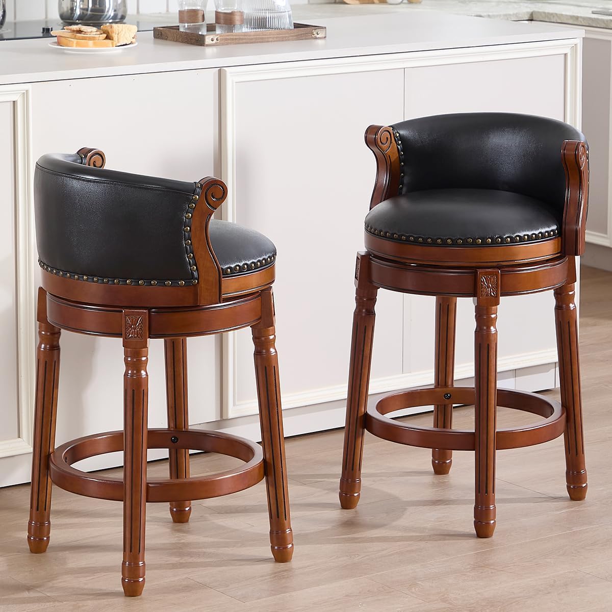 Cow top Leather Wooden Bar Stools, 29.5" Bar Height Bar Chair with Back, 180 Degrees Swivel Barstools Chair for Home Kitchen Counter,Dining Room (Black-1pc, Counter Height-Seat Height 26”)
