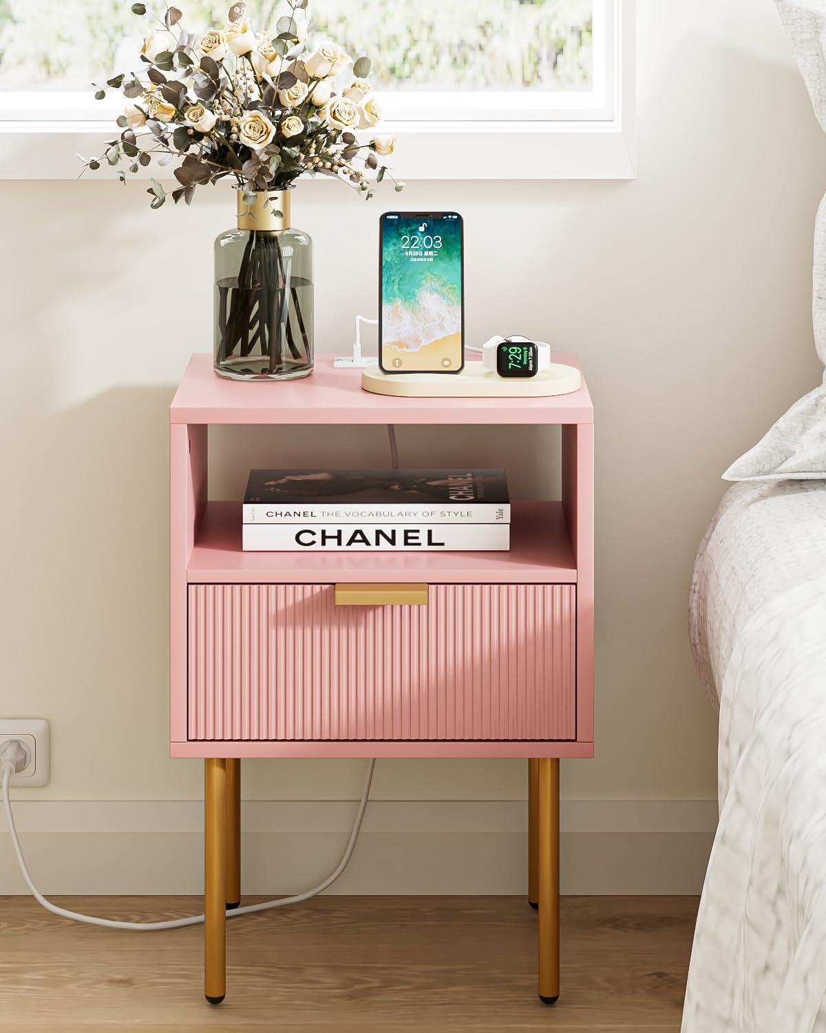 Nightstand,Morden Bedside Table with Gold Frame,Small White Night Stand,End Table,Bedside Furniture,Side Table with Drawer and Shelf for Bedroom,Living Room (1Drawer, Pink-Outlet)