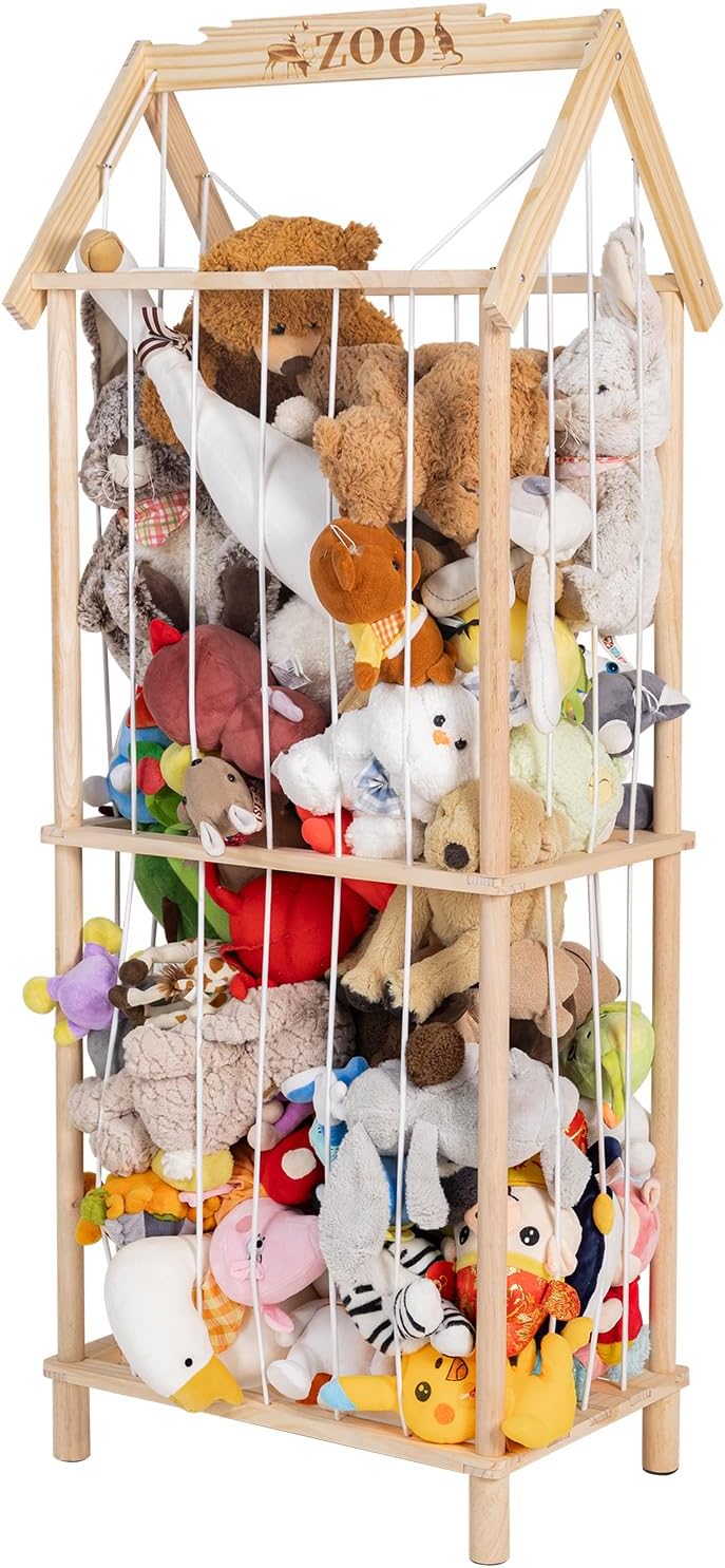 Stuffed Animal Storage, Wooden Stuffed Animal Holder Stuffed Animal Zoo Organizer Cage with Large Capacity, Using for Storing Plushies on Nursery Playroom Bedroom Decor Corner