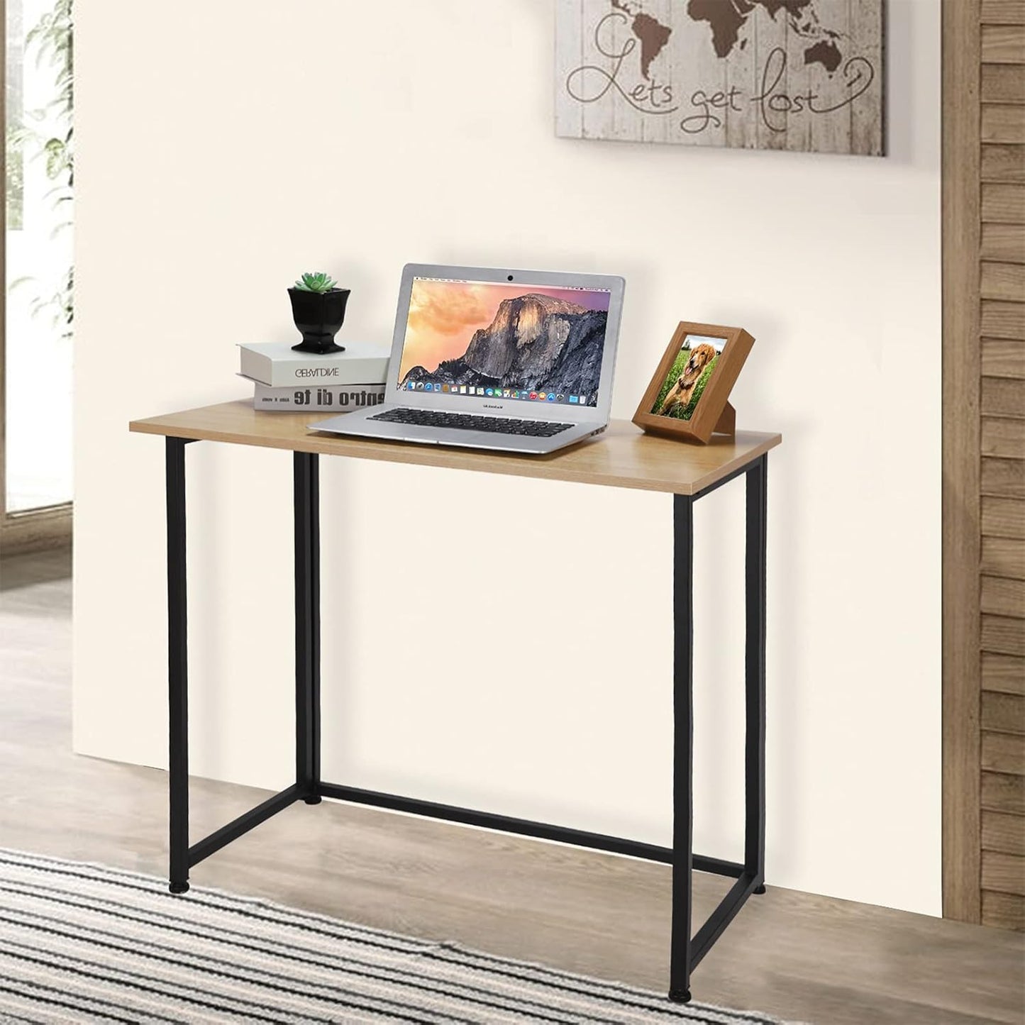 Leopard Folding Computer Desk for Small Spaces, Space-Saving Home Office Desk, Foldable Computer Table, Laptop Table, Writing Desk, Compact Study Reading Table (Black/Nordic Walnut)