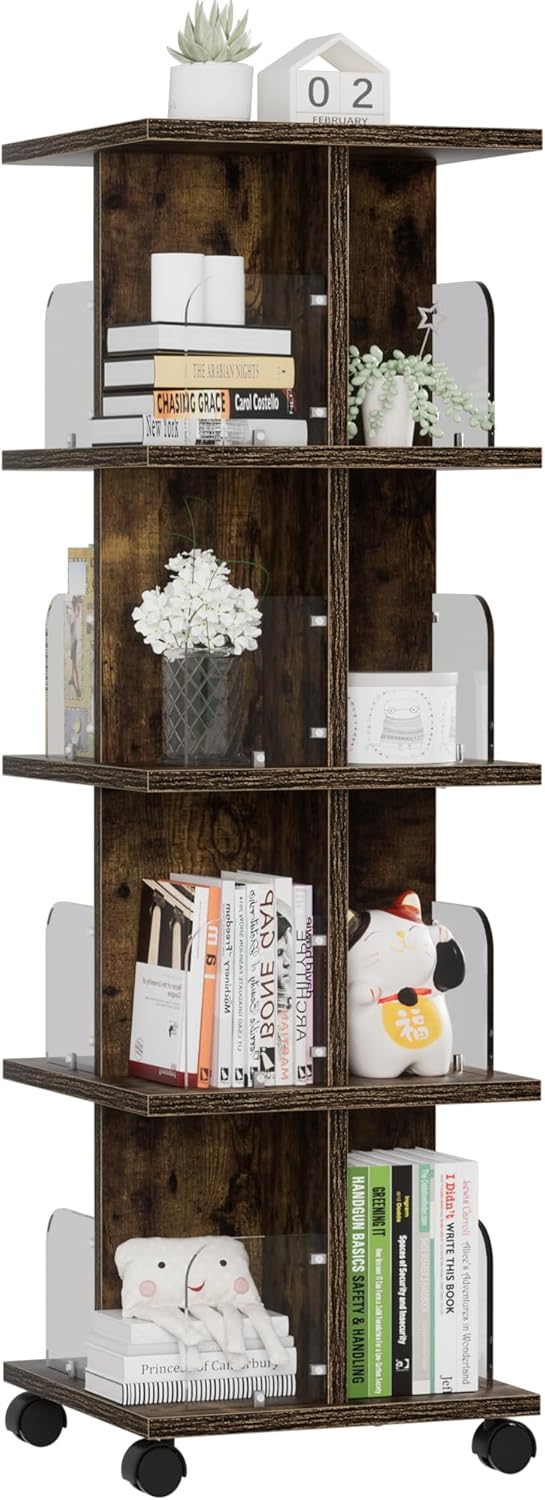 VECELO 4-Tier Rotating Bookshelf, Modern Swivel Bookcase, Vintage Book Shelf for 360° Display, Stackable Shelves Floor-Standing Storage for Home Office, Solid Wood, Smooth Spinning, Brown