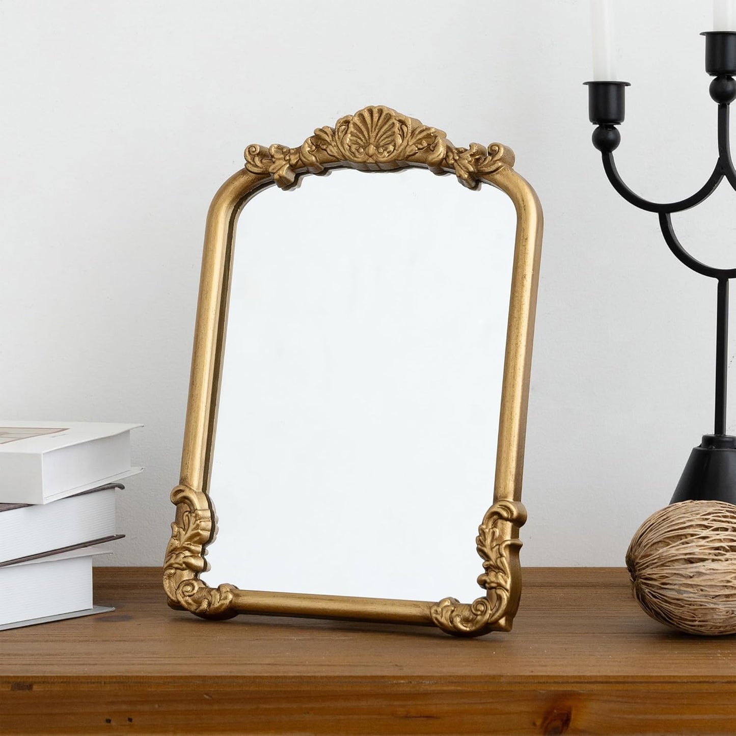 Vintage Vanity Mirror Small Gold Makeup Desk Mirror with Stand Antique Traditional Arched Table Mirror 8.5x12 for Countertop Tabletop Living Room Bedroom Bathroom