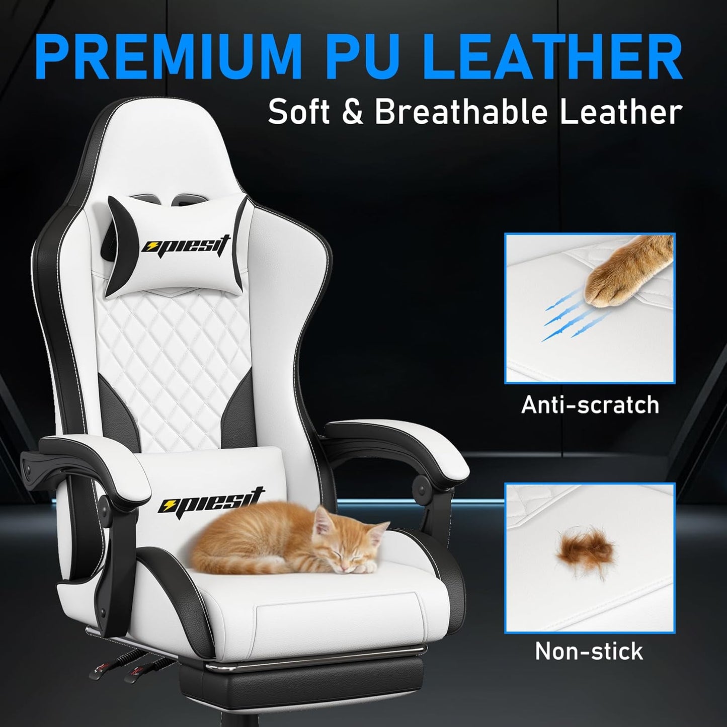 Gaming Chair,Ergonomic Computer Chairs for Adults with Footrest, PU Leather Office Chair with Adjustable Lumbar Support & Pocket Spring Cushion - Heavy Duty 400lb Capacity Gamer Chair (White)