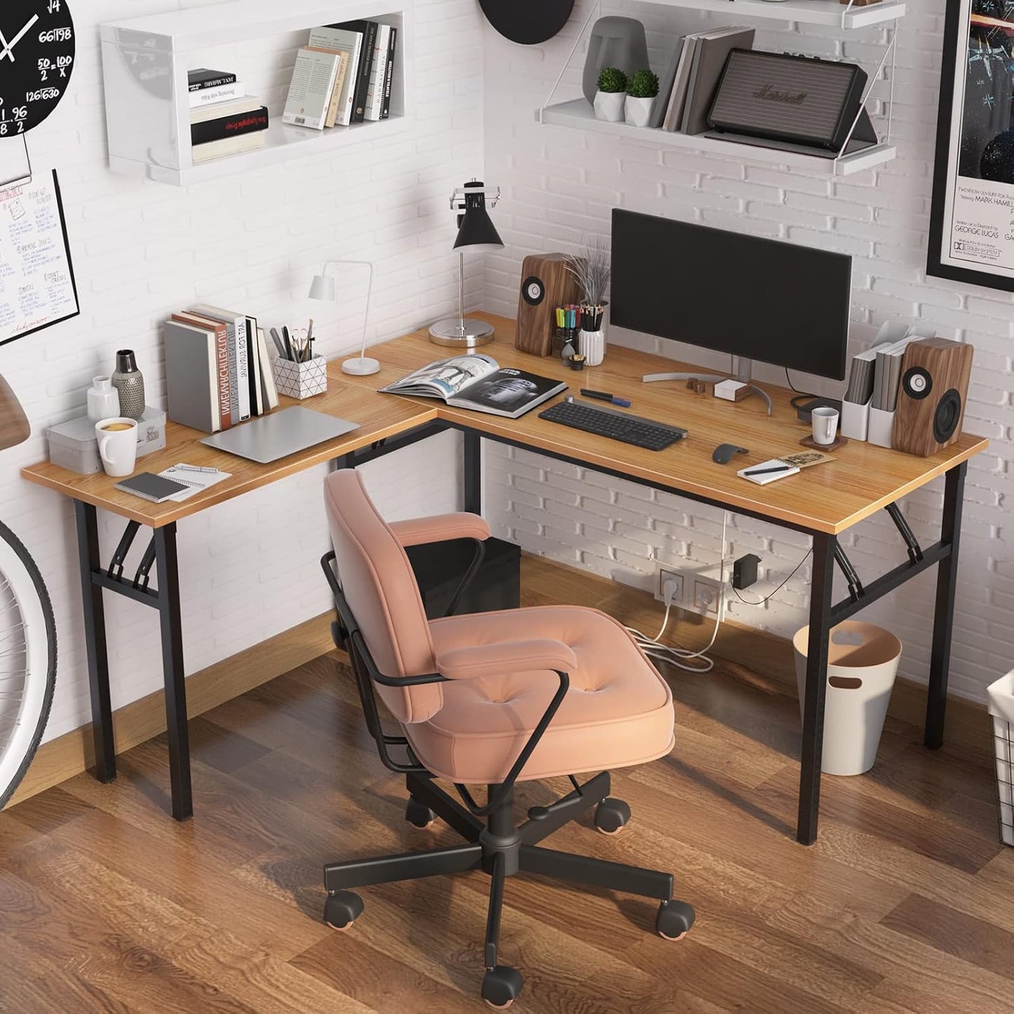 Need L Shaped Folding Desk, Reversible Computer Desk for Home Office, Large Foldable Gaming Desk Table Workstation, Teak and Black