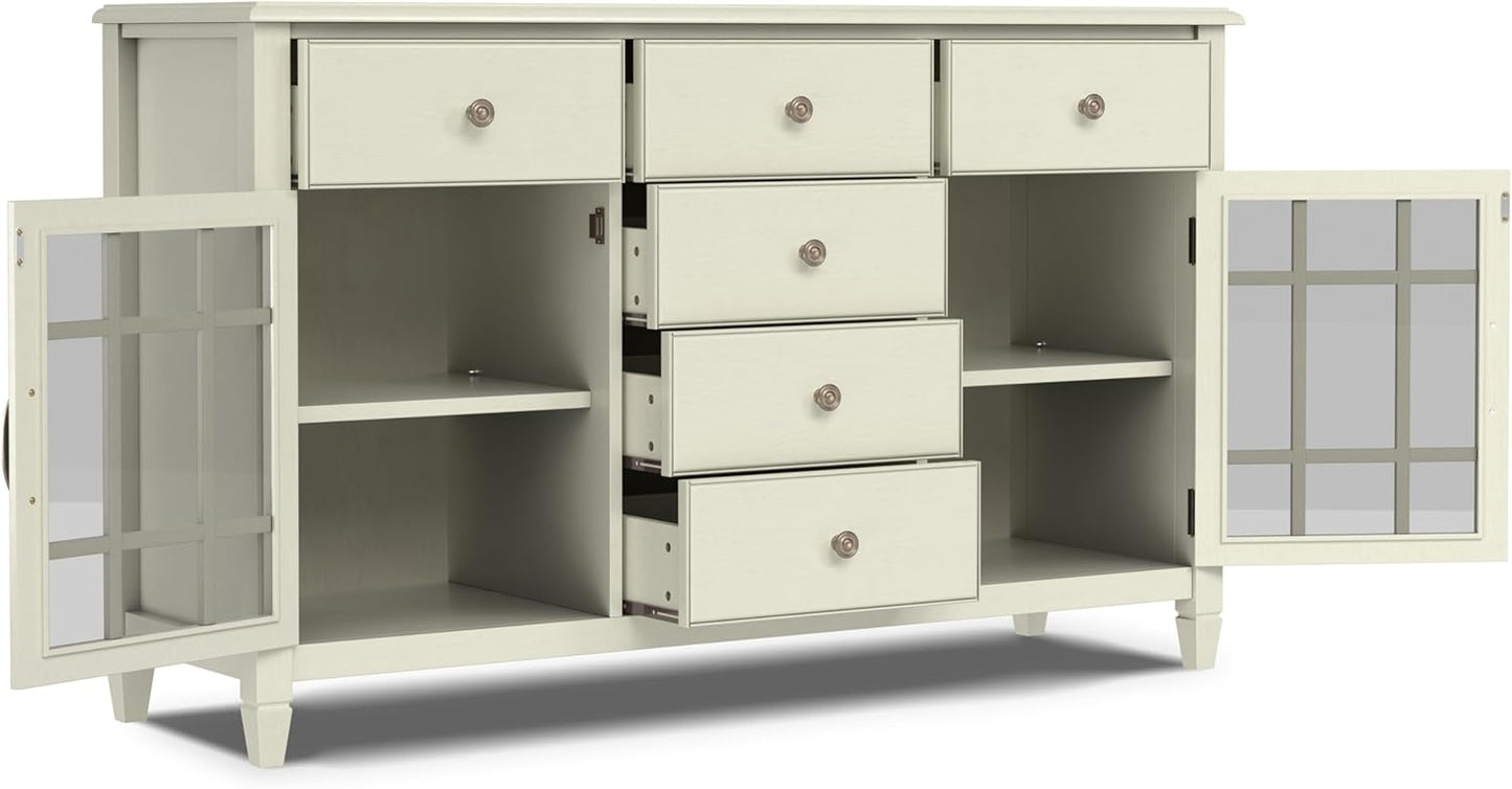 SIMPLIHOME Connaught Buffet - 60 inch Wide Solid Wood 3-Door Sideboard Buffet in Antique White, Traditional Storage Cabinet for Dining Room or Kitchen with Adjustable Shelves and Classic Molding