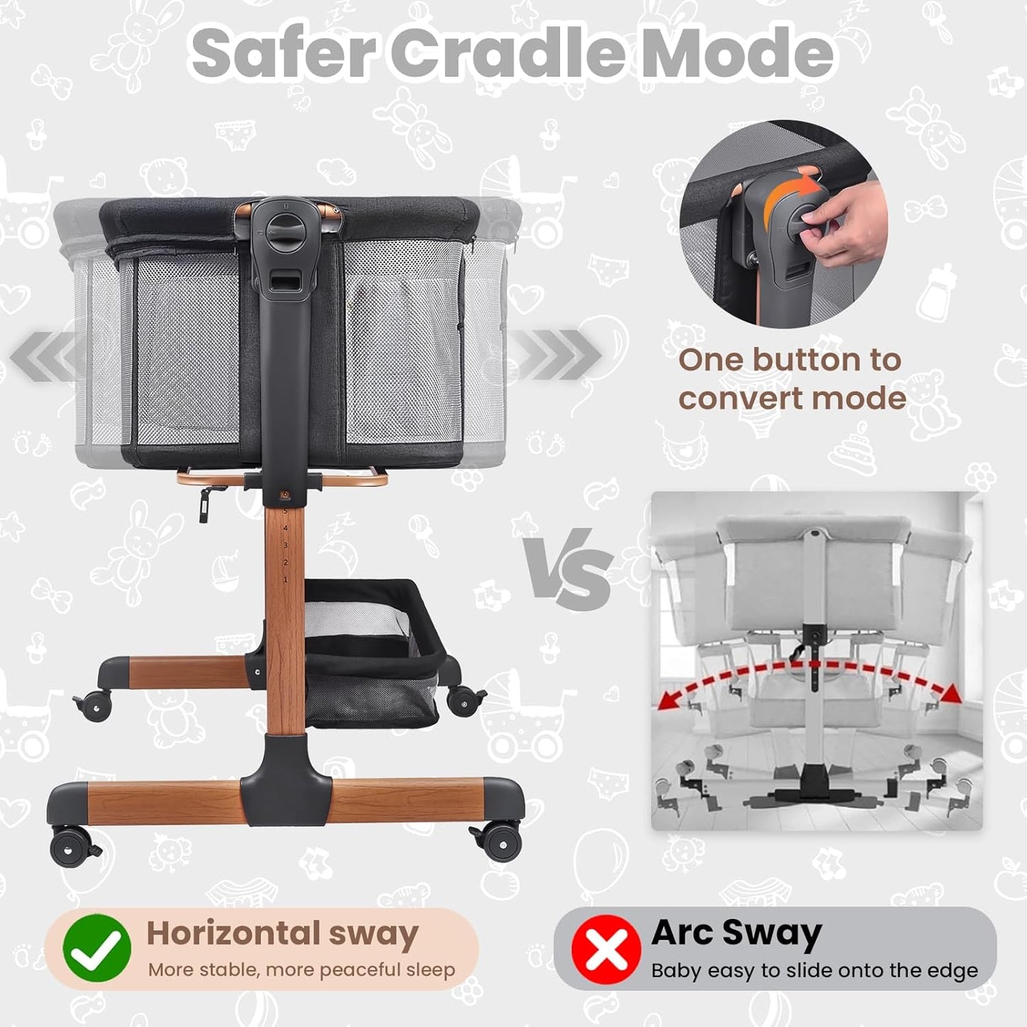 Baby Bassinet, 3 in 1 Bedside Sleeper for Newborn, Bedside Bassinet for Baby with 6 Adjustable Height, Soft Mattress, Compact, Easy to Fold