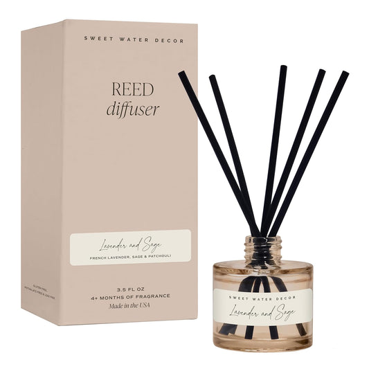 Sweet Water Decor Lavender and Sage Reed Diffuser – Room Decor Aesthetic with Long-Lasting Premium Fragrance of French Lavender, Lime, Fern Leaves for 4 Months – Ideal for Aromatherapy and Home Decor