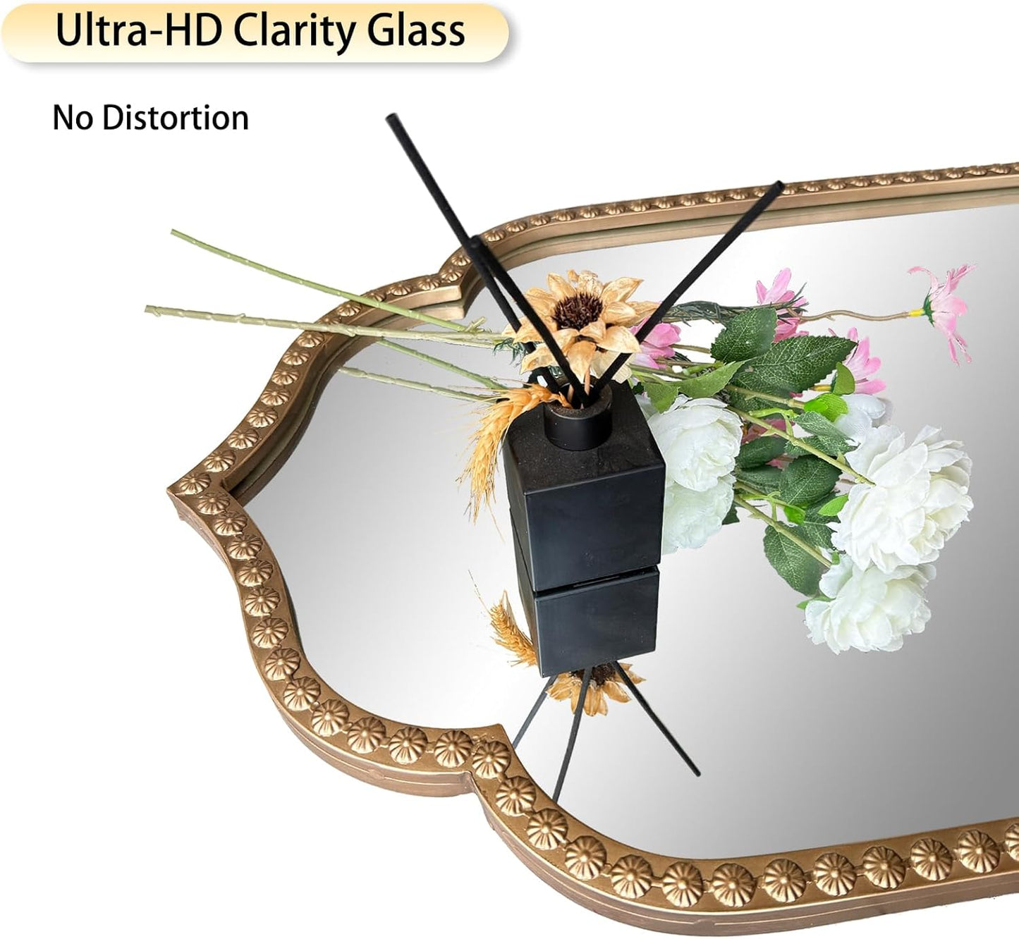 Gold Arch Mirror, 24"x36" Arched Vanity Mirrors for Bathroom, Metal Beaded Frame Ornate Decorative Mirror, Scalloped Vintage Mirrors for Fireplace Bedroom Living Room Hallway Entryway