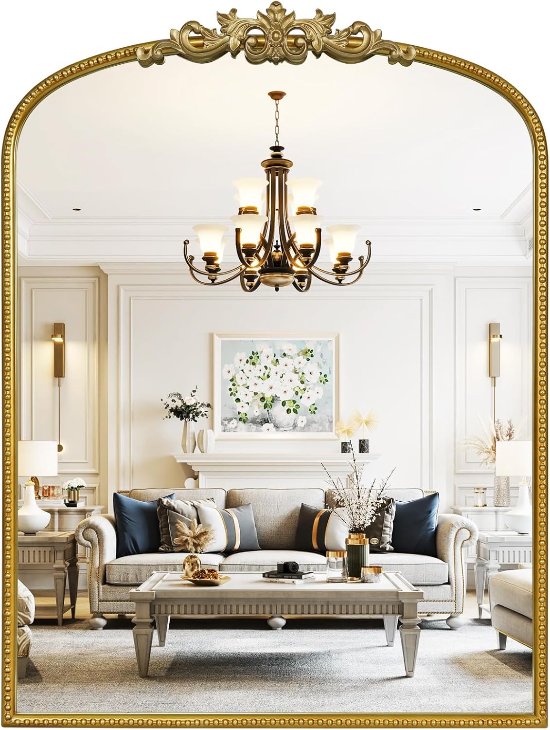 WallBeyond Gold Vintage Mirror - 24x32 Inch, Arched Antique Mirror with Ornate Frame for Bathroom, Living Room, Fireplace, Entryway