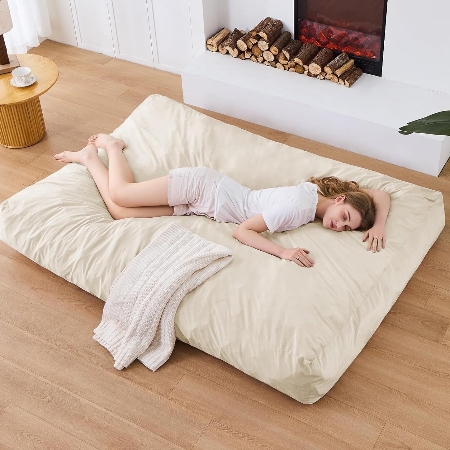 Bean Bag Chairs for Adults - Giant Bean Bag Chair Convertible Bean Bag Bed - Beanbag Chair with Micro Fiber Cover/Furniture Foam Filler - Floor Couch Sofa in Bedroom Dorm Room - Full Beige