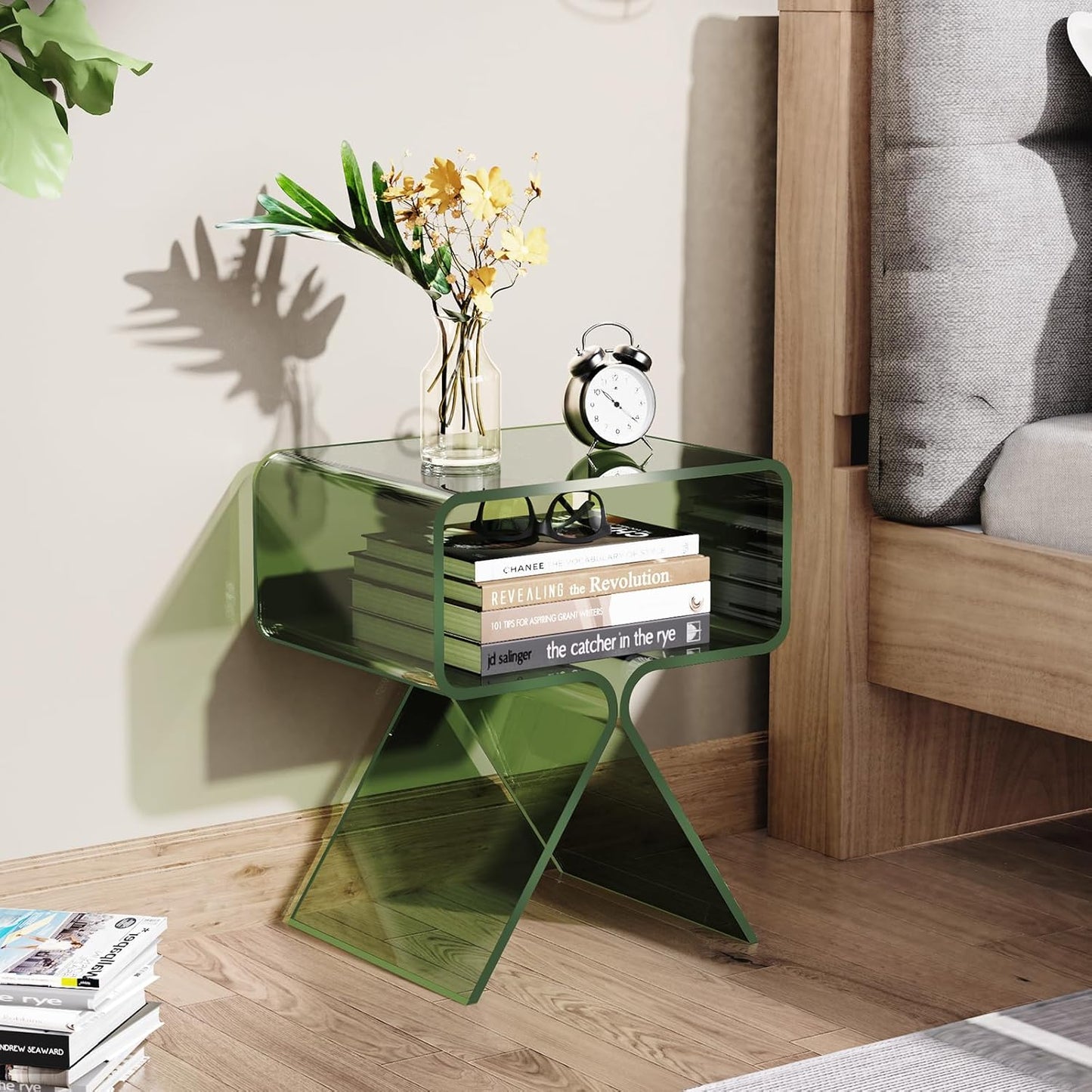 Acrylic Nightstand Side Table Modern Design Clear Home Decor Display End Table for Living Room (Green)