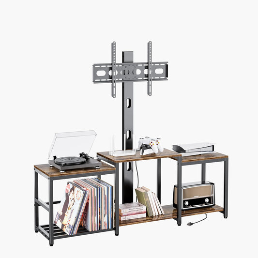 Aquzee TV Stand with Mount for up to 75 inch with Power Outlet, 58”W Wood Entertainment Center with Record Player Storage for 50 55 60 65 70 75 inch TV, Height Adjust Swivel Mounted Television Stand