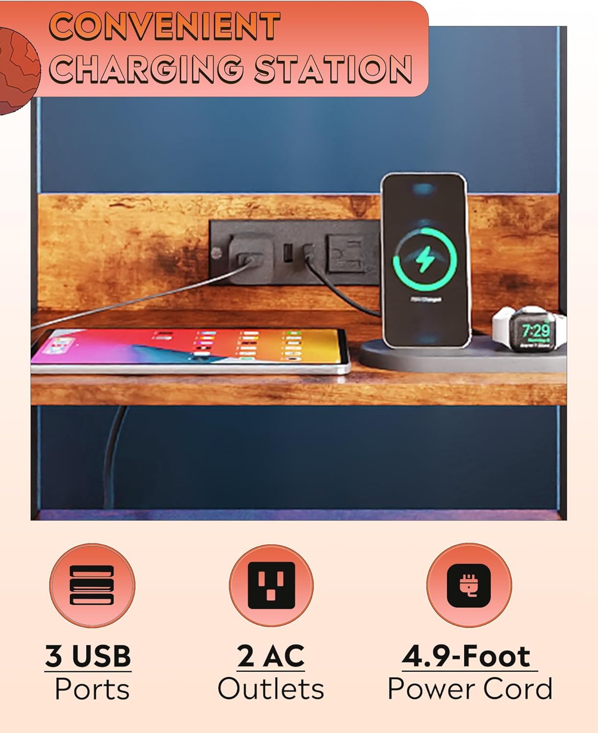 WLIVE Nightstand Set of 2 with Charging Station, LED Night Stand Sets with 2 Drawers and 4 Storage Open Shelves, Fabric Dressers for Bedroom, Rustic Brown