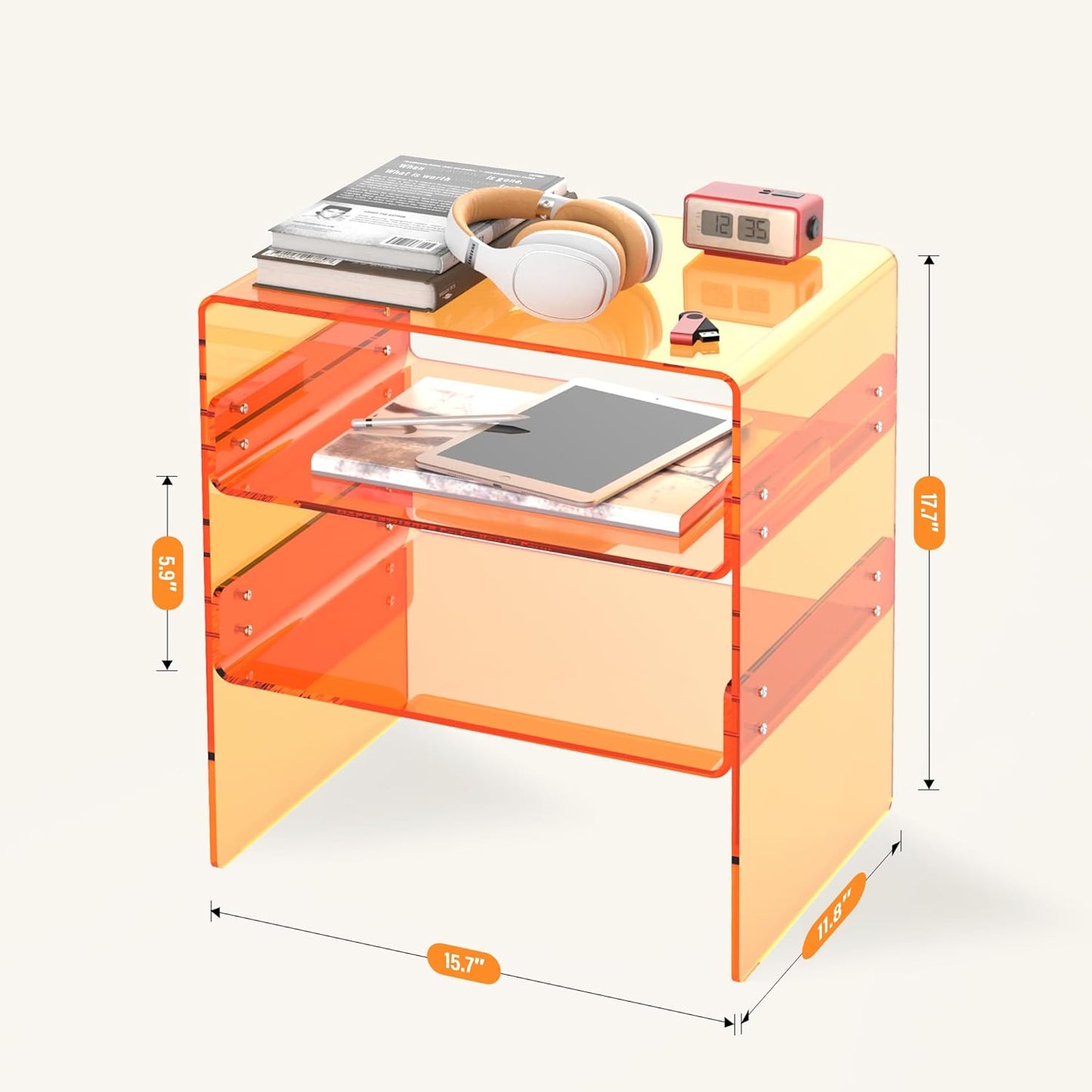 Acrylic 2-Tier Side Table with Storage Mini Modern End Table/Nightstand with Double Shelves for Bedroom, Living Room, and Bathroom Easy Assembly Orange