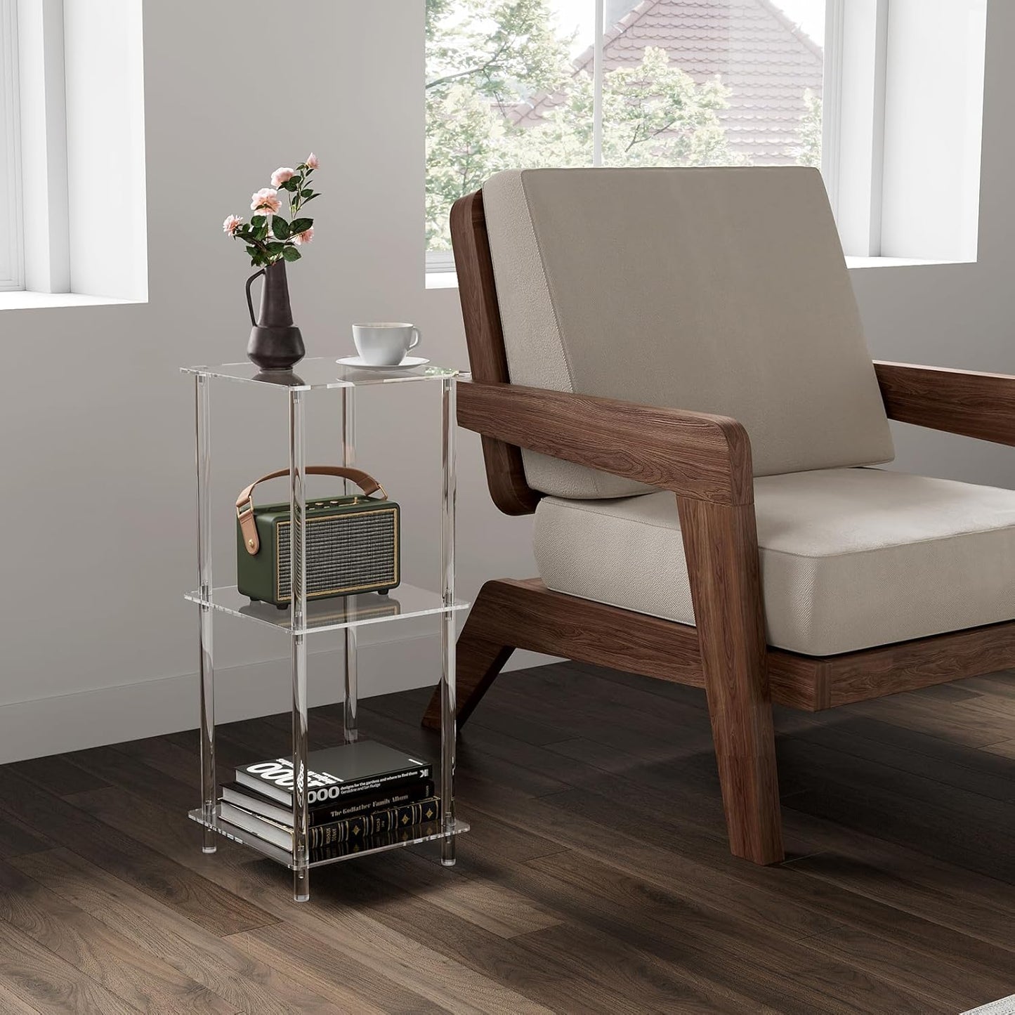 HMYHUM Acrylic Side Table for Small Spaces, 11.8" L x 11.8" W x 28" H, Small Nightstand/Bedside/End Table for Living Room, Bedroom, 3-Tier, Square, Clear