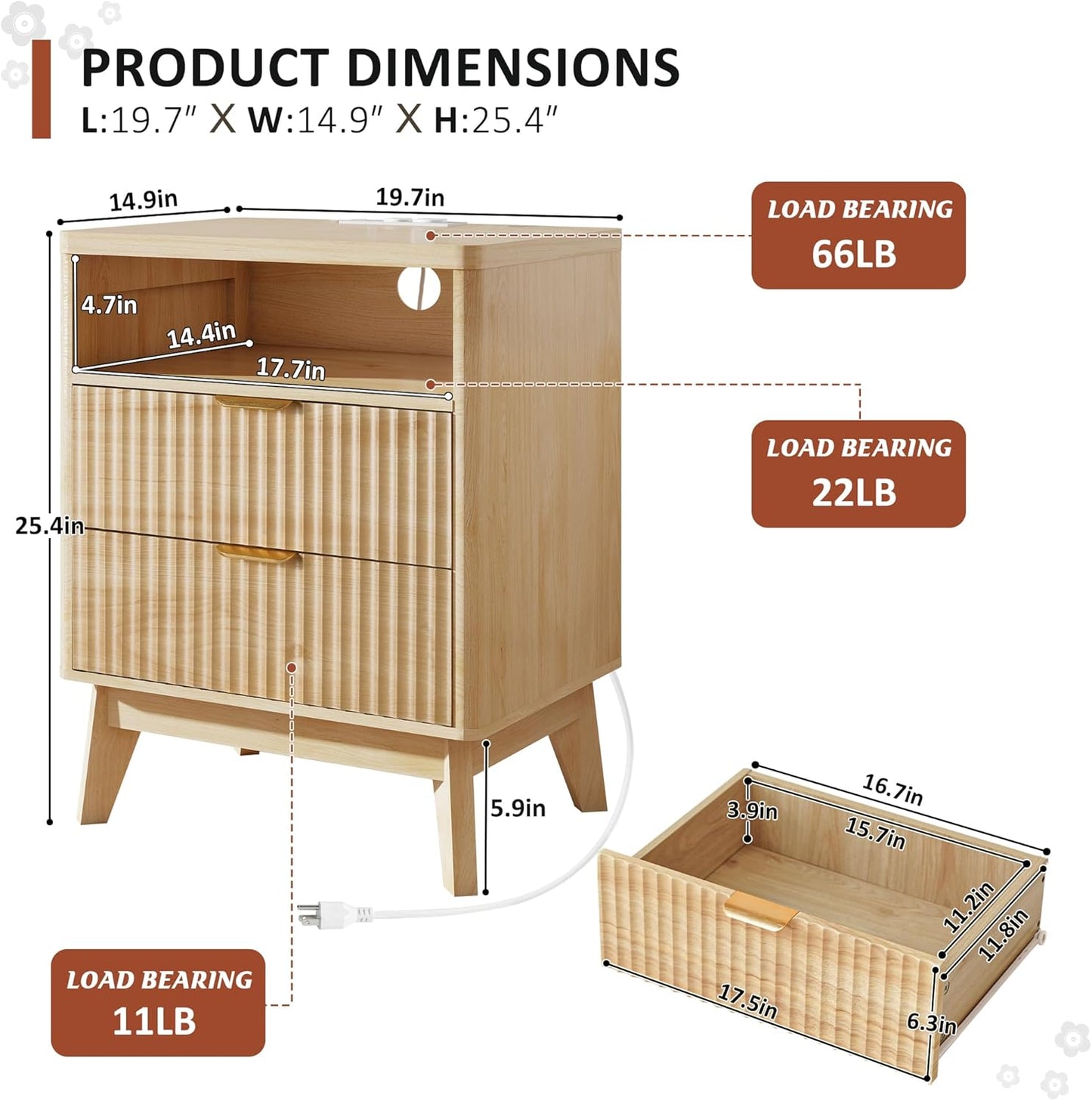 Fluted Nightstand with Charging Station, 19.7 inch Wide End Table with 2 Drawers, Modern Wood Bedside Table for Bedroom(Natural)