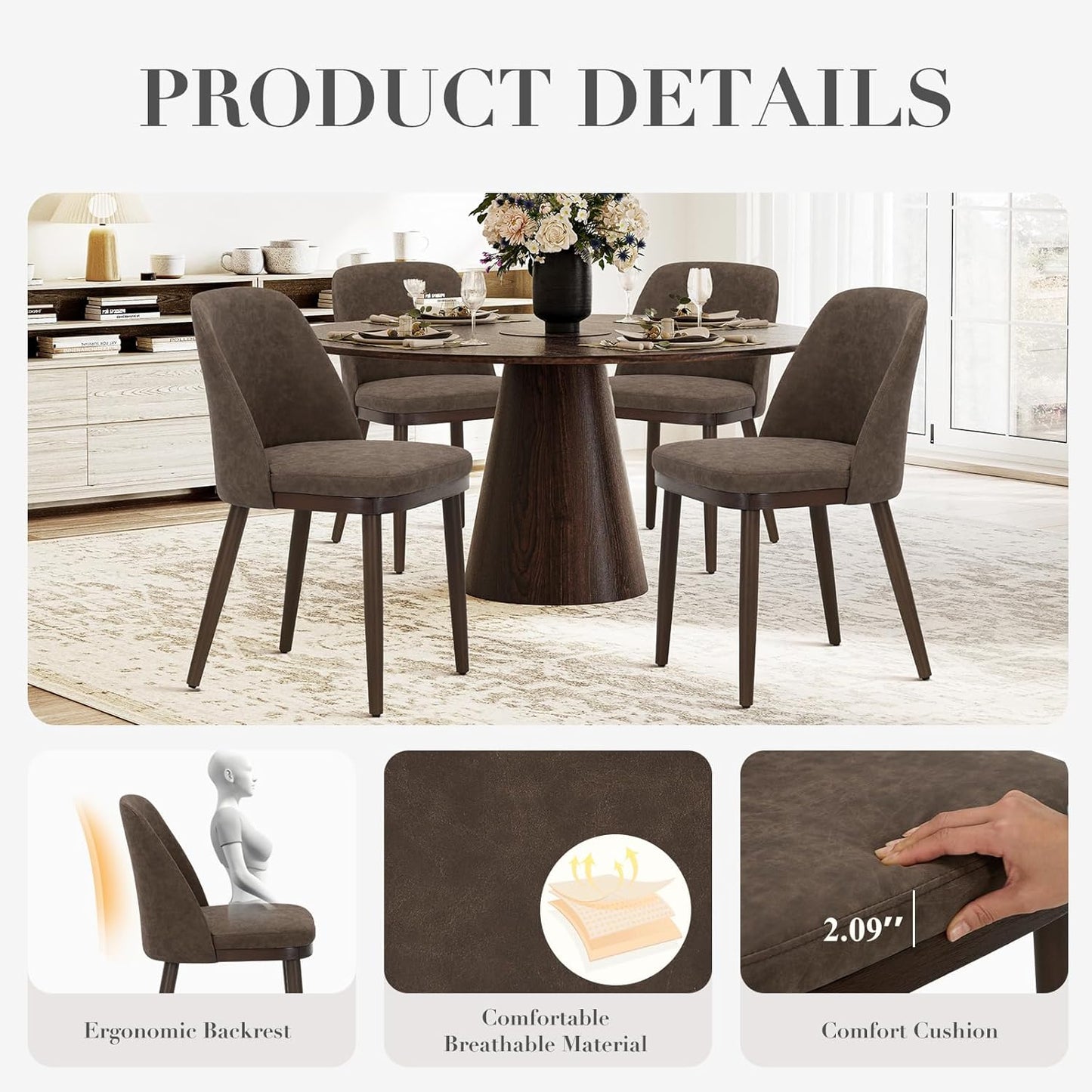 COLAMY Upholstered Dining Chairs Set of 6, Modern Kitchen Chairs with Back, Leather Side Dining Room Chairs with Wood Legs for Kitchen Dining Room Restaurant, Dark Brown