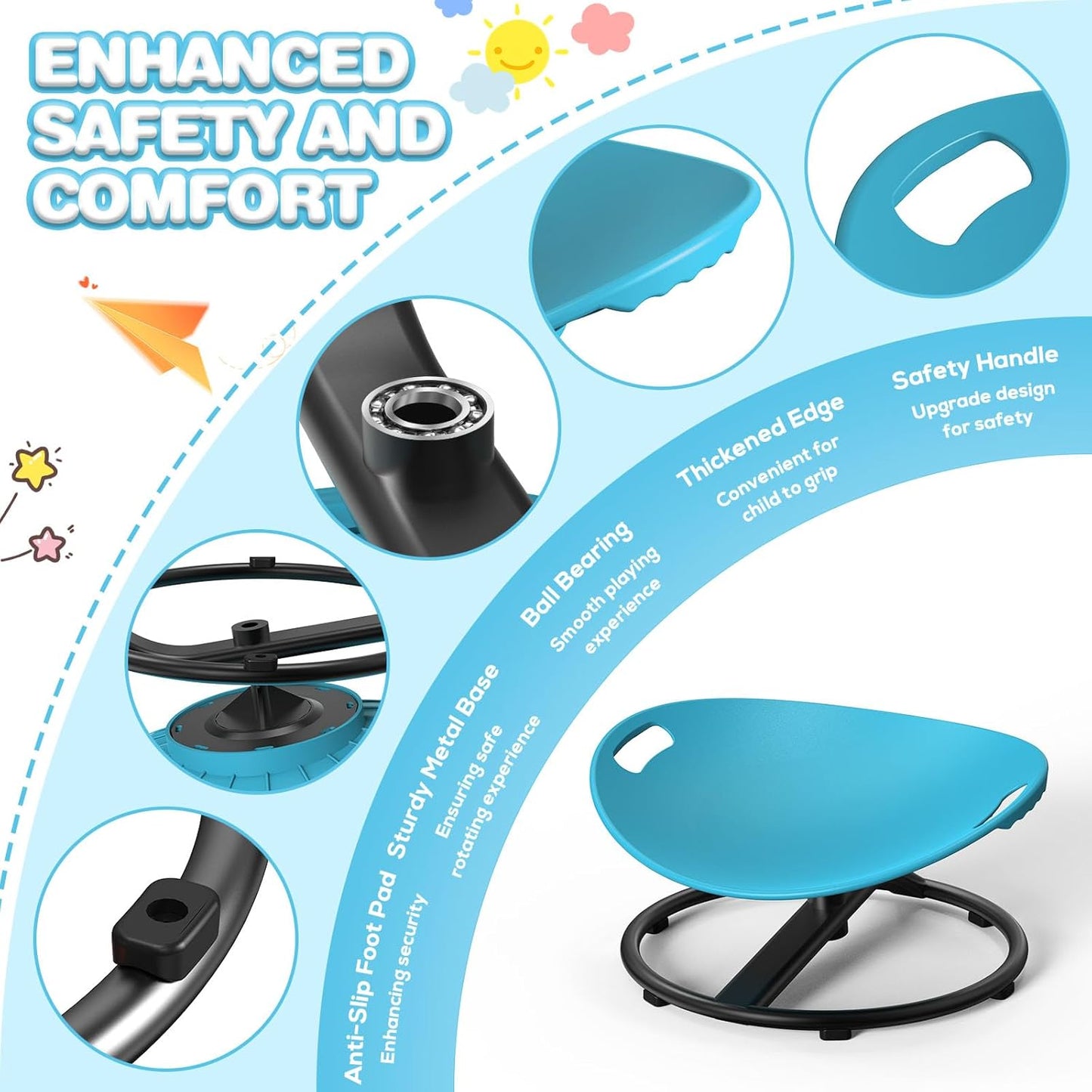 Spinning Chair for Autistic Kids - Safety Handle Sensory Chair for Autistic Children with Non-Slip Design, 3-12 Years Kids Swivel Chairs (Blue)