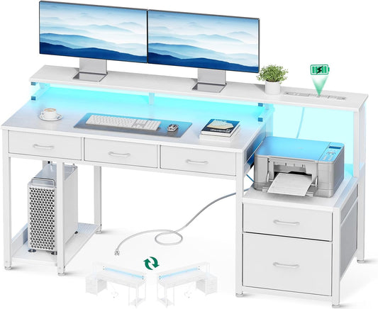 AODK 55 Inch Computer Desk with 3 Drawers and File Cabinet for Storage, Office Desk with Monitor Stand and LED Lights, Home Office Desks, White