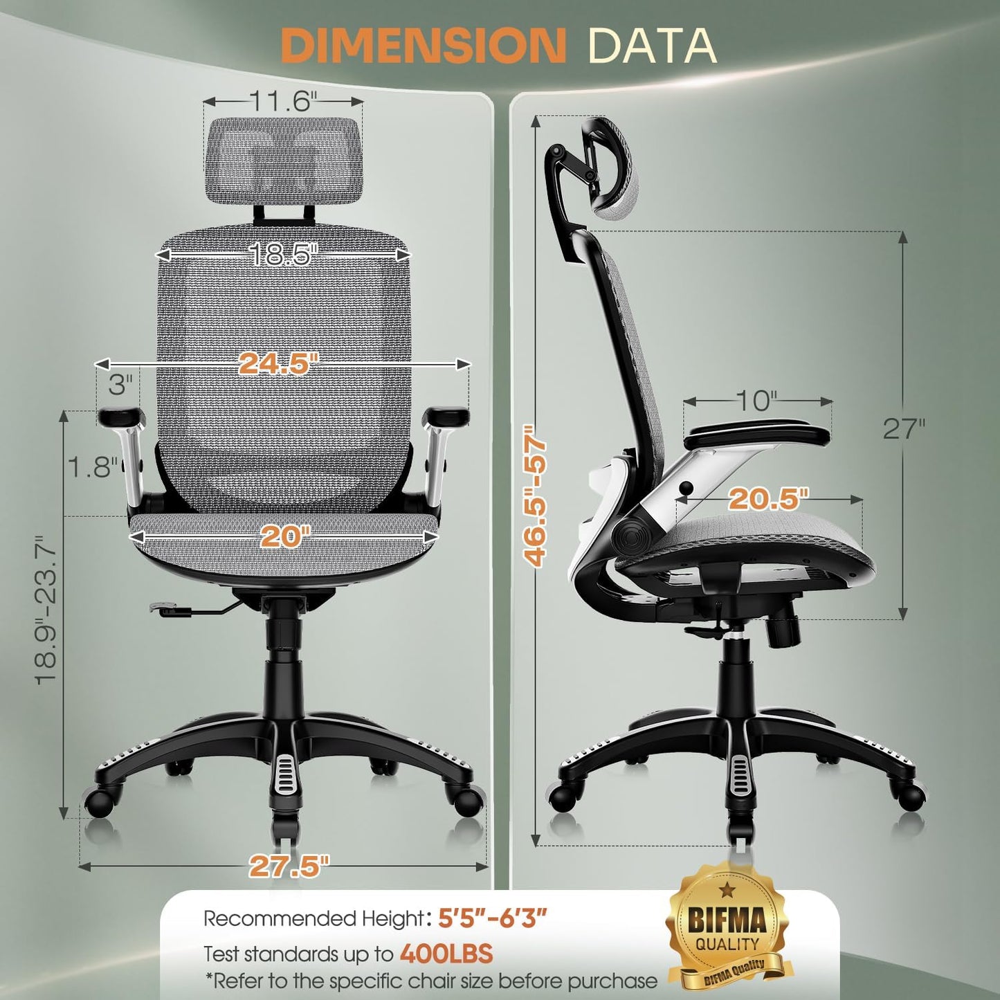 GABRYLLY Ergonomic Office Chair, High Back Home Desk Chair with Headrest, Flip-Up Arms, 90-120° Tilt Lock and Wide Cushion, Big and Tall Mesh Chairs for Man Woman, Grey Task Chair