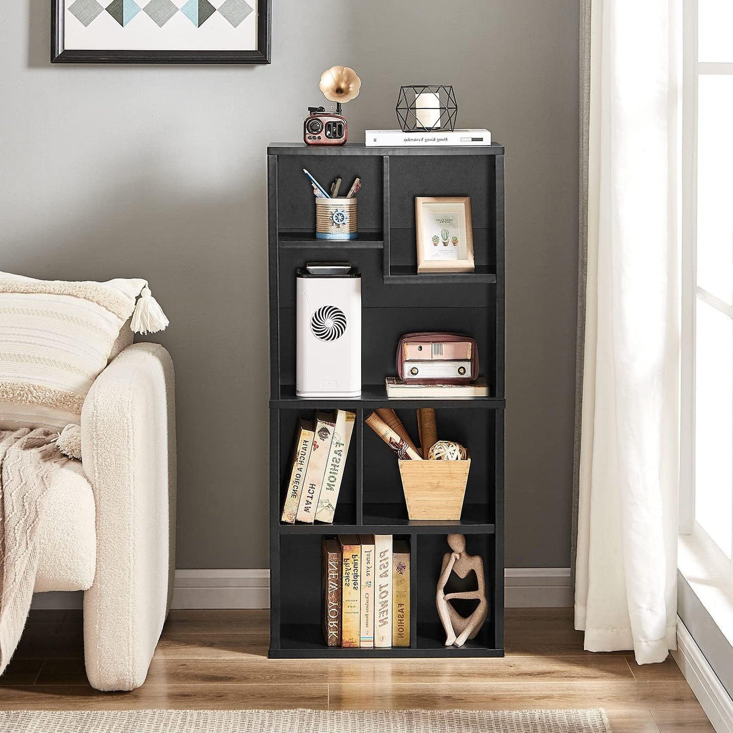 VECELO 42" Modern Bookshelf,7 Cube Organizer Bookcase,Fits Tallest Hardcovers, Horizontal Available,Floor Standing Display,Easy Assembly, Matte Black