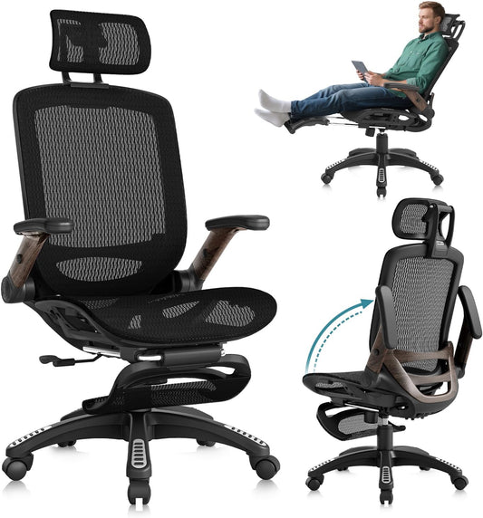 GABRYLLY Ergonomic Office Chair with Footrest, High Back Mesh Computer Chair with Flip-Up Arm, 3D Headrest, 135° Reclining, Rolling Gaming Task Chair with Wide Seat Lumbar Support,400LBS