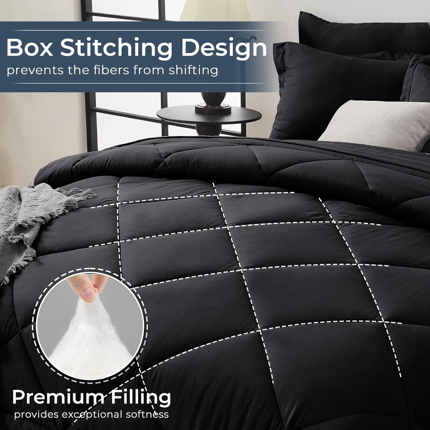 HEVUMYI Black Oversized Queen Comforter Set - 7-Piece All Season Bed in a Bag Oversized Queen, Ultra Soft Bedding Set with Comforter, Flat Sheet, Fitted Sheet, Pillowcases, Pillow Shams